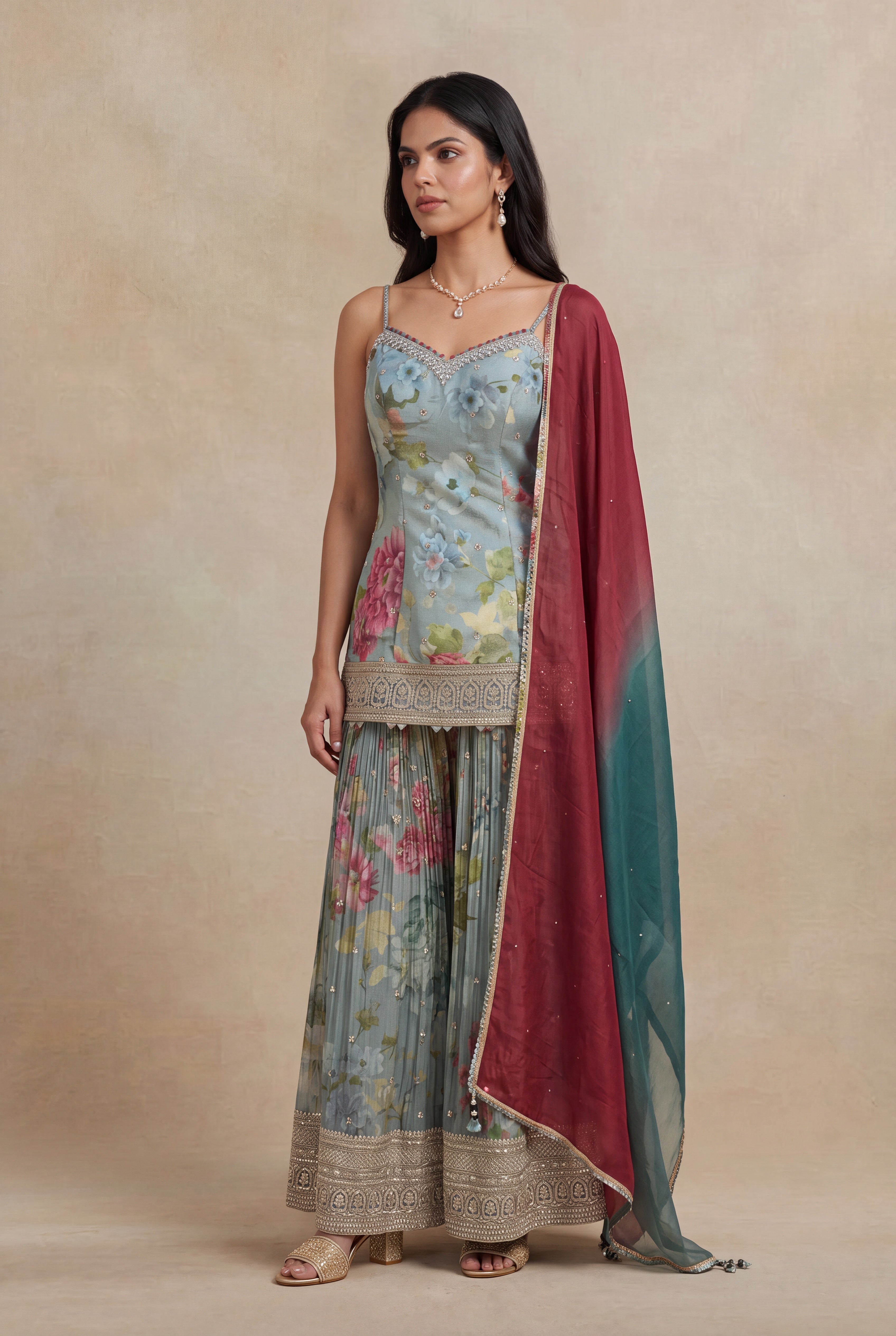 Floral Tissue Indo-Western Sharara Set