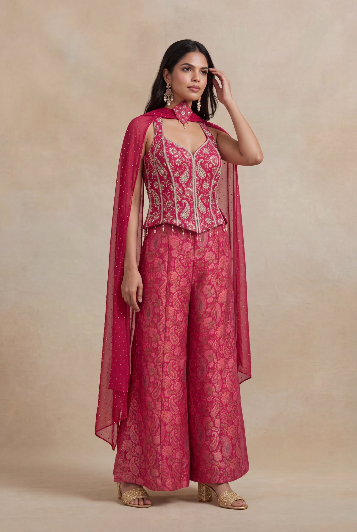Pink Banarasi Indo-Western Palazzo Set with Embellished Corset