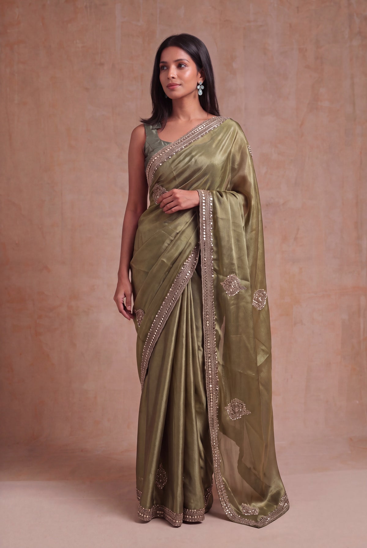 Olive Green Organza Saree with Gold Embellishments
