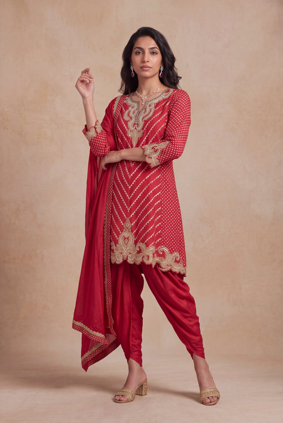 Cherry Red Banarasi Silk Indo Western Set with Zari and Pearl Work