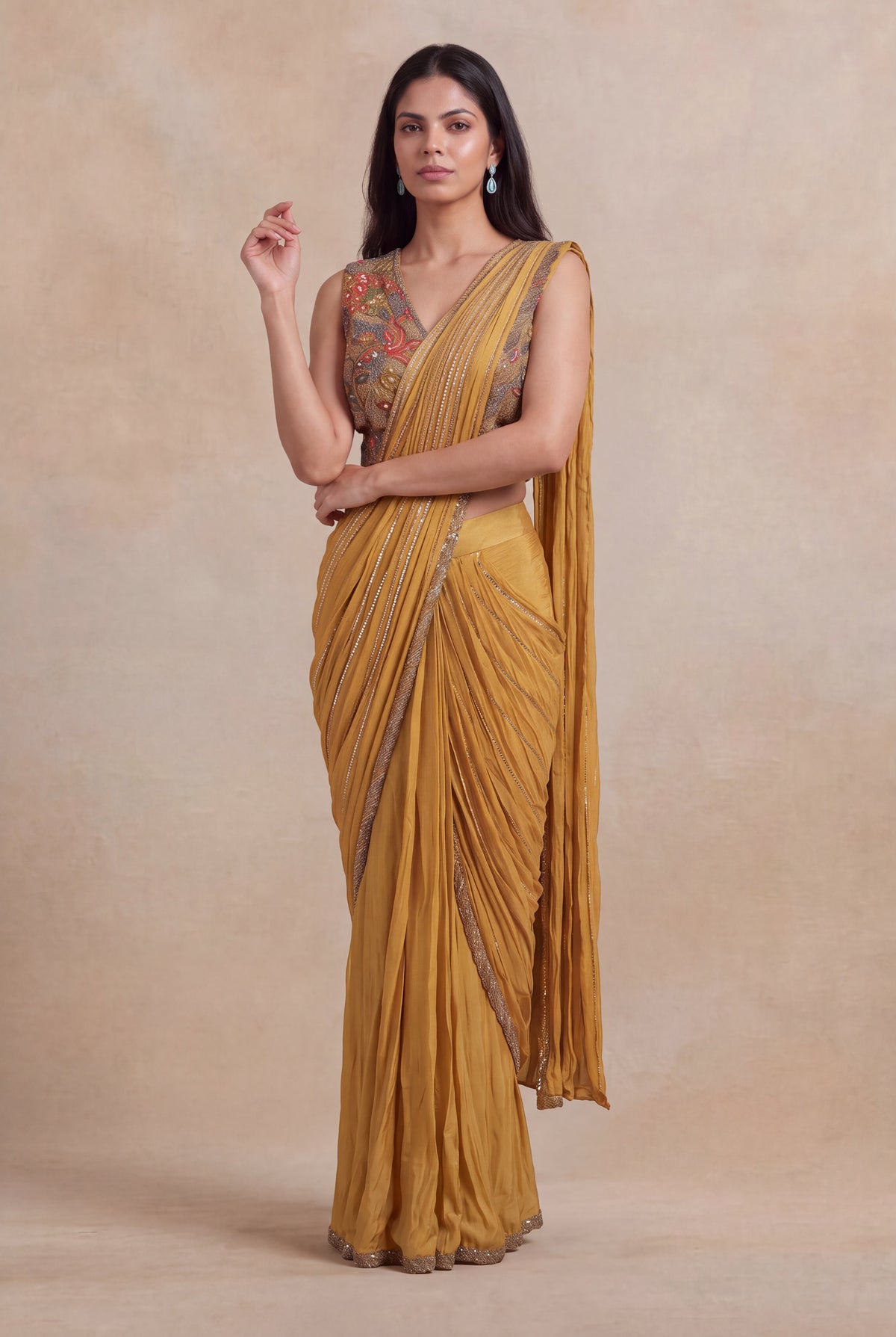 Mustard Yellow Draped Saree with Metallic Embroidered Blouse