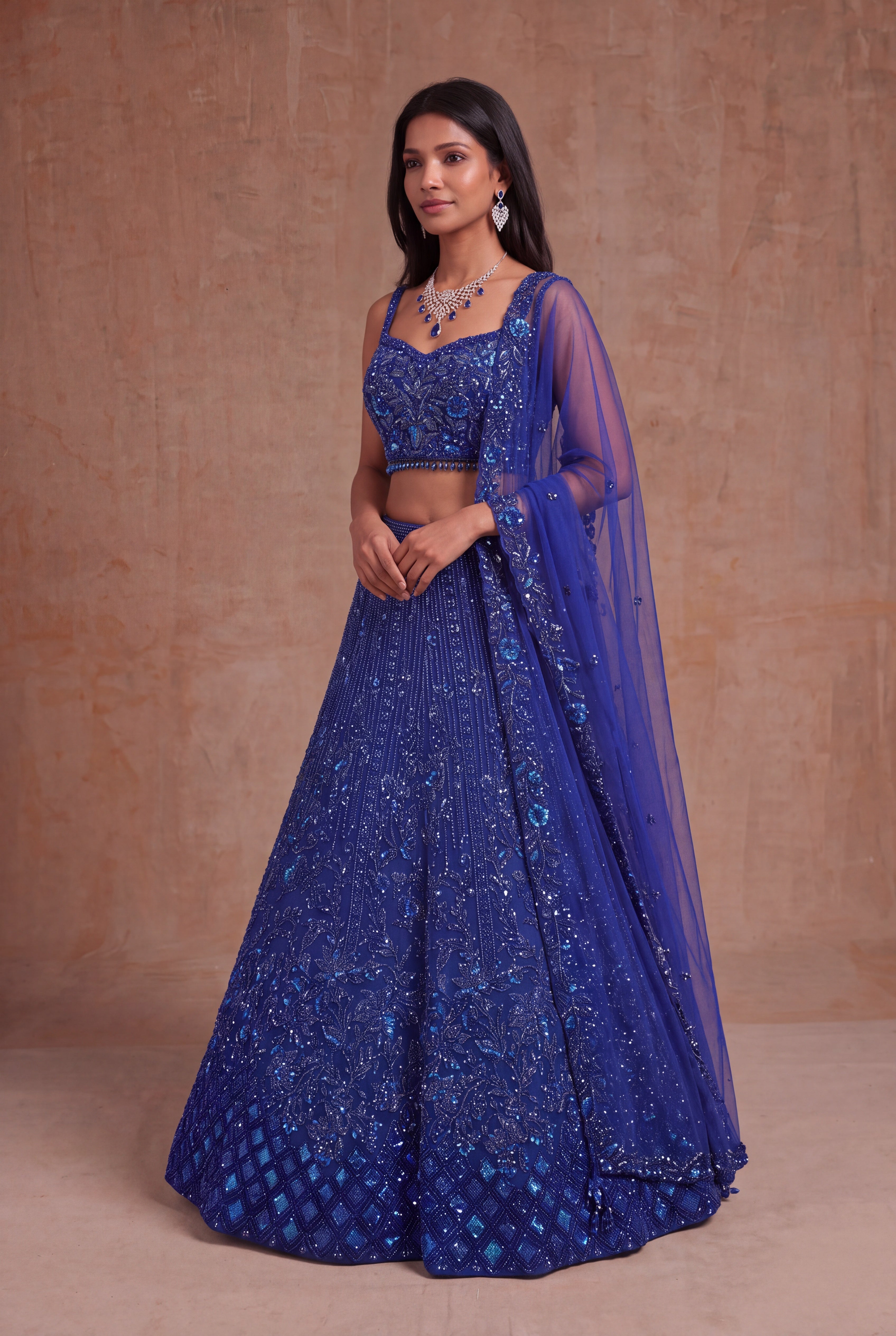 Royal Blue Net Lehenga with Sequin, Kutdana & Stone Embroidery