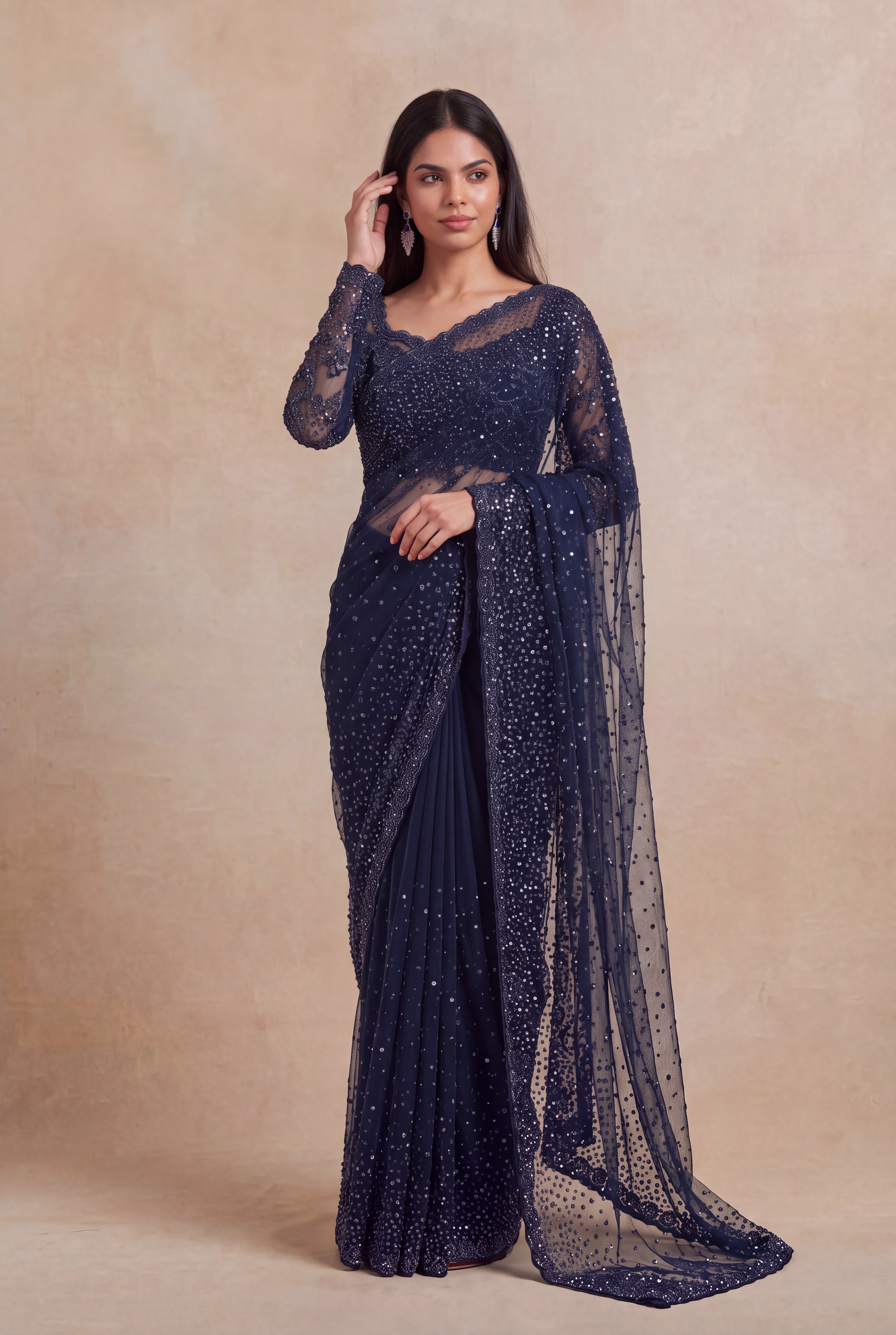 Navy Blue Net Designer Saree