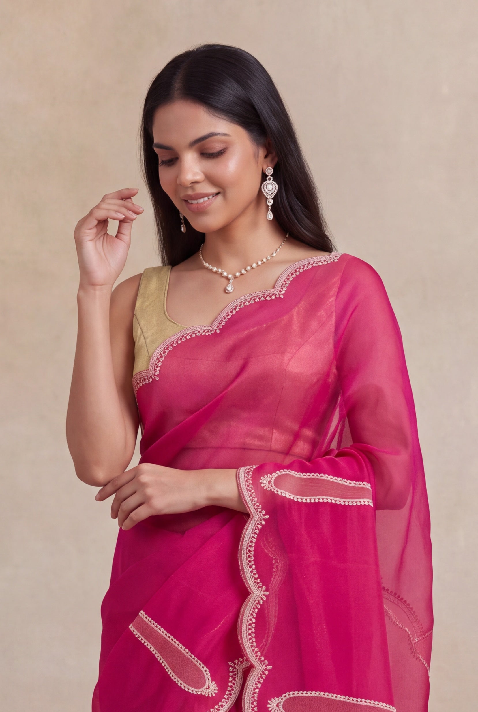 Pink Organza Saree with Aari Thread Work