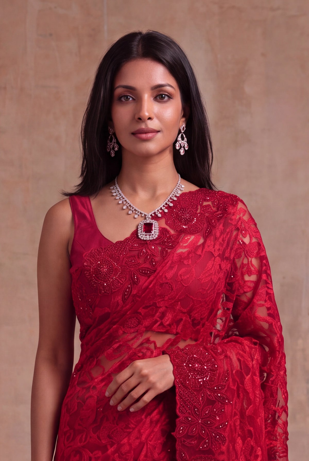 Red Net Saree with Sequin Jaal Work