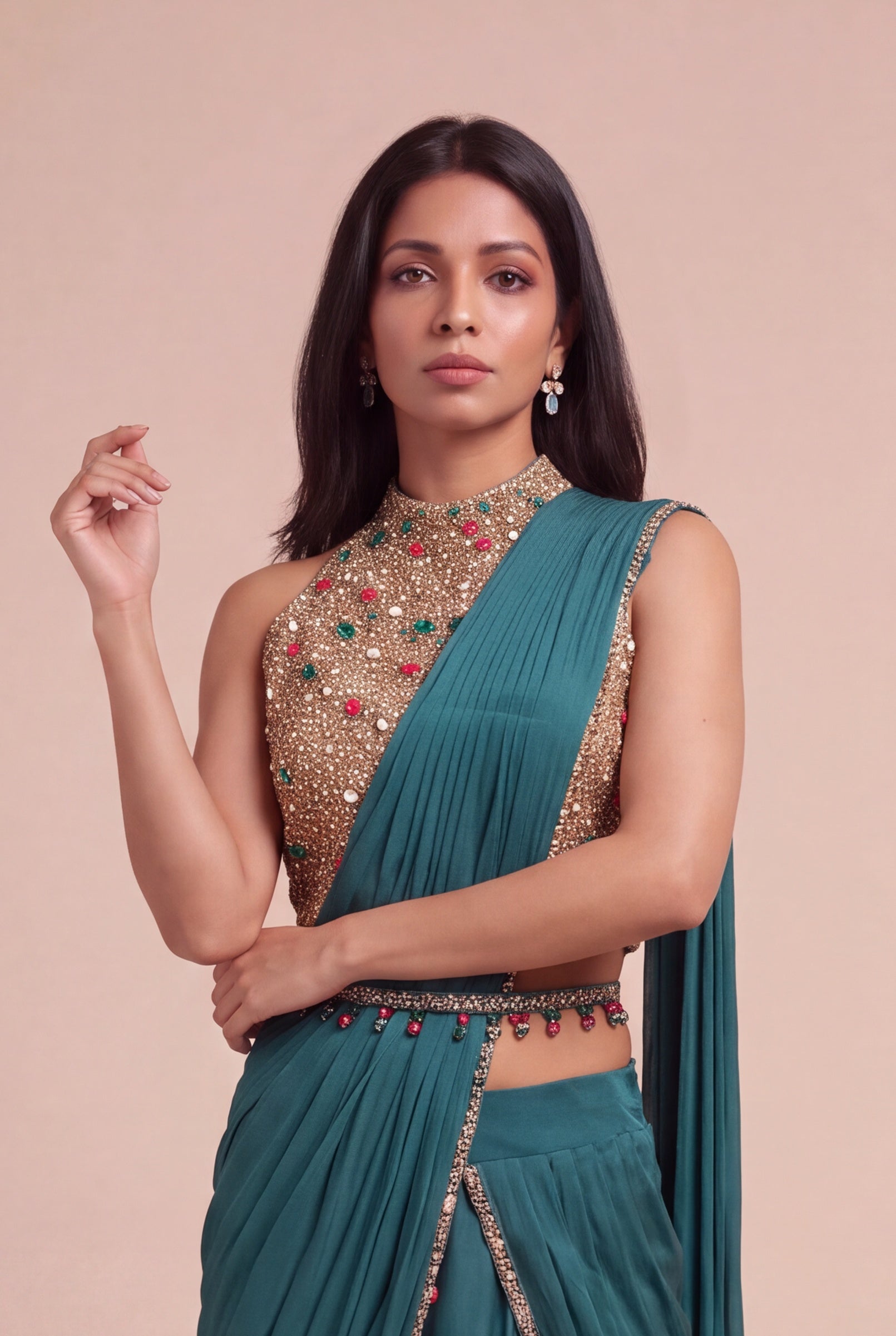 Emerald Green Draped Saree with Jewel-Embroidered Halter Blouse