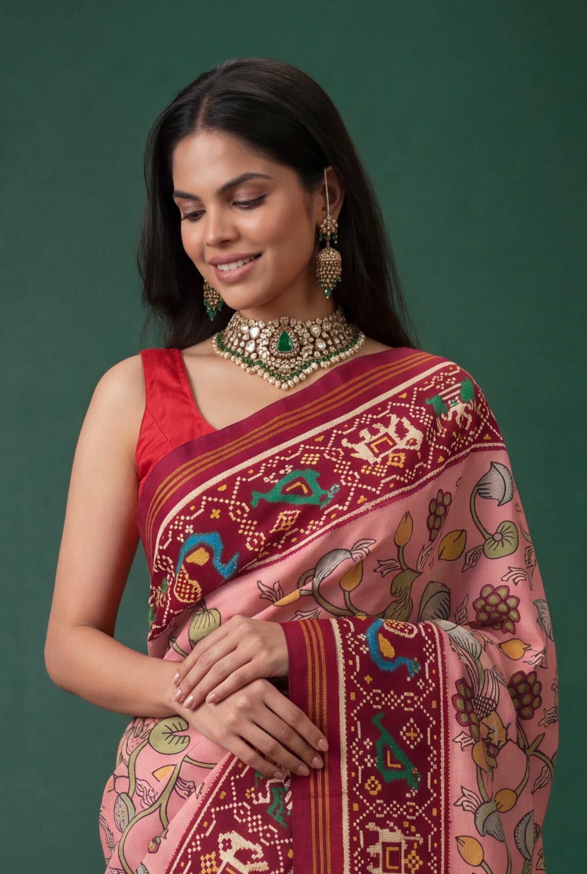Peach Patan Patola Silk Kalamkari Saree