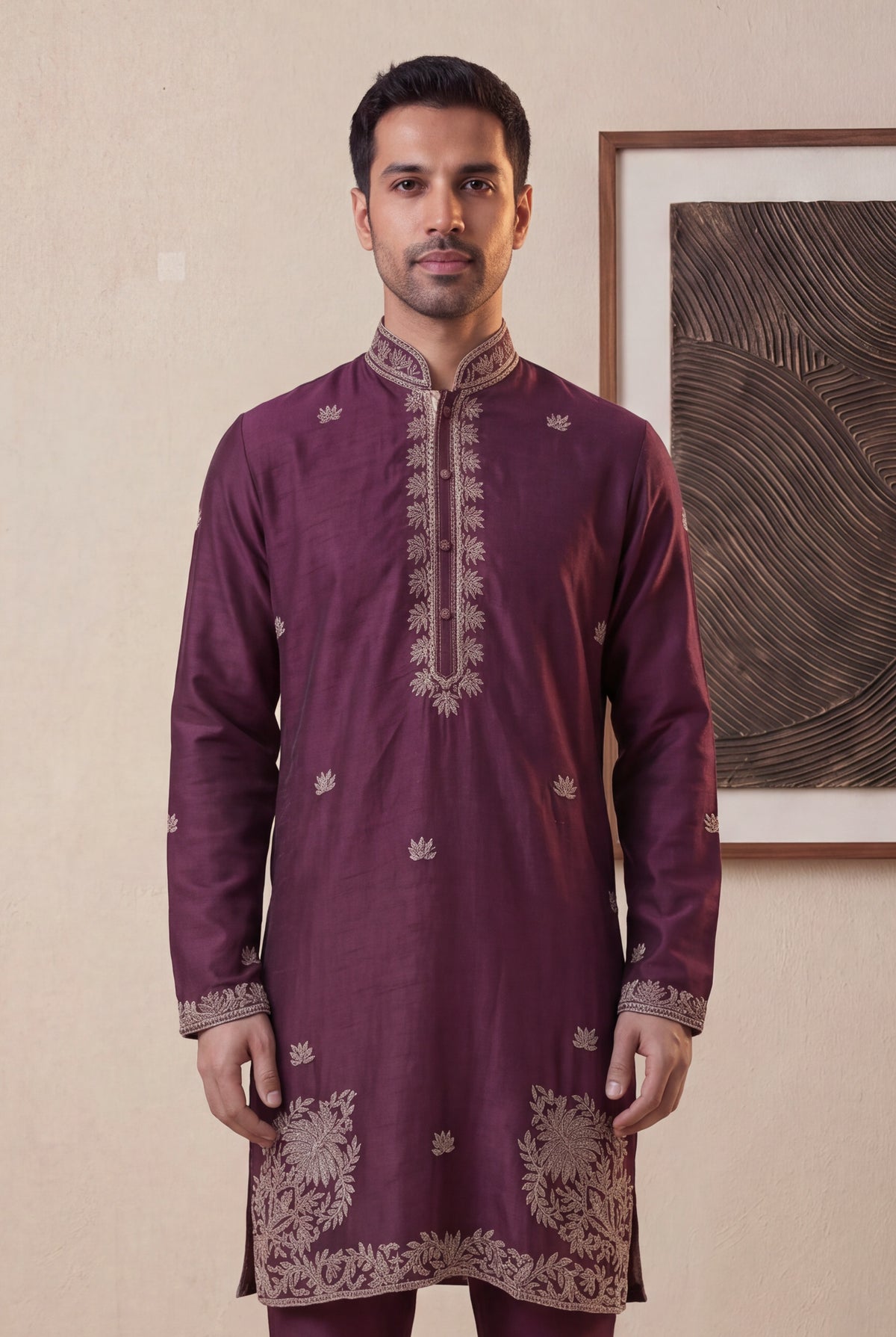 Wine Raw Silk Kurta Pant Set