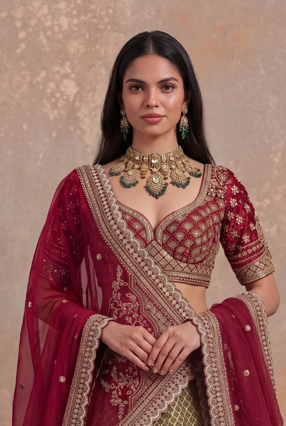 Olive Green Printed Silk Lehenga Set with Zardozi and Cutdana Work