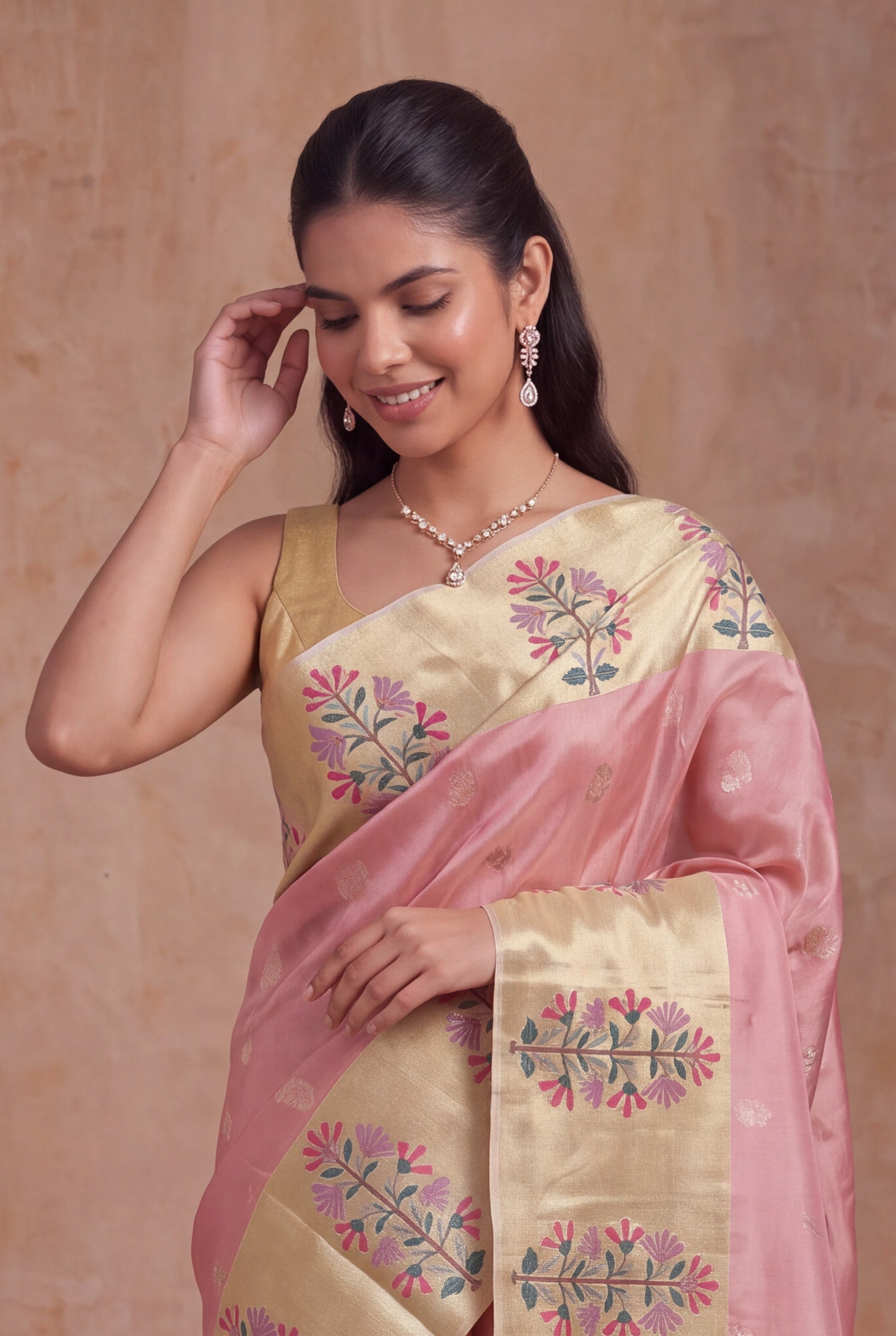 Rose Gold Tissue Kanchivaram Silk Saree with Thread Motifs