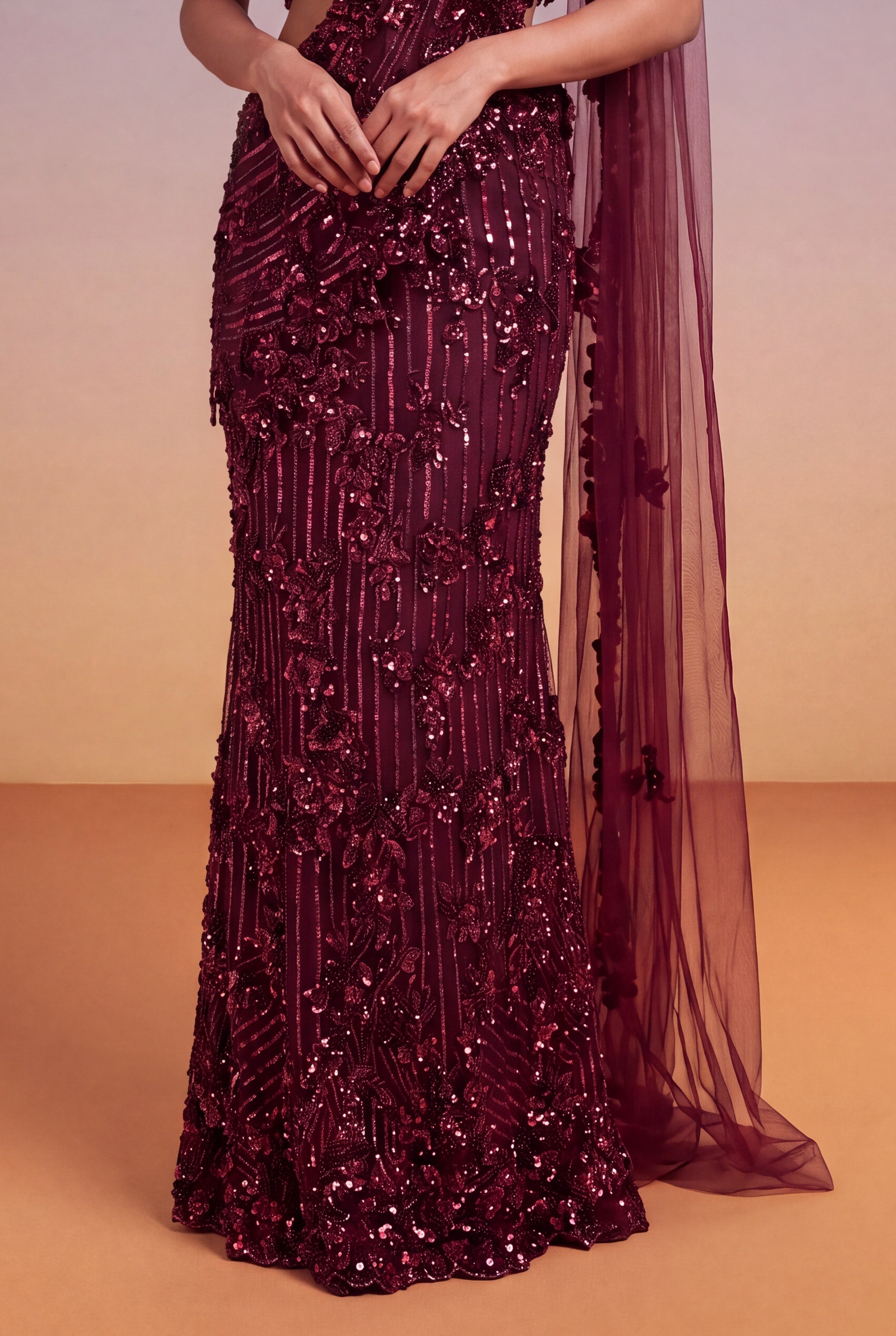 Wine Net Fish-Cut Indo-Western Drape Saree