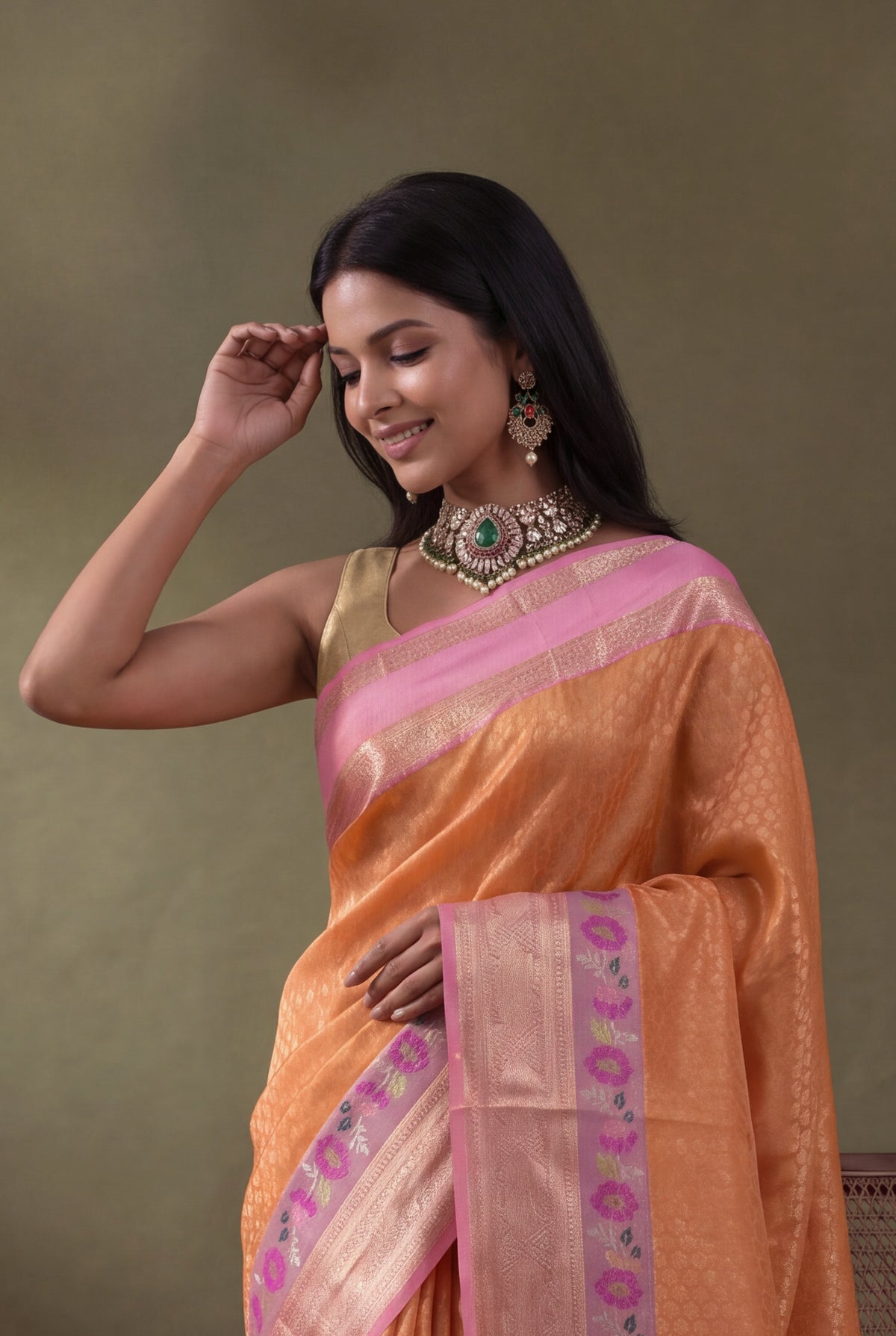 Peach Banarasi Kora Silk Fusion Saree