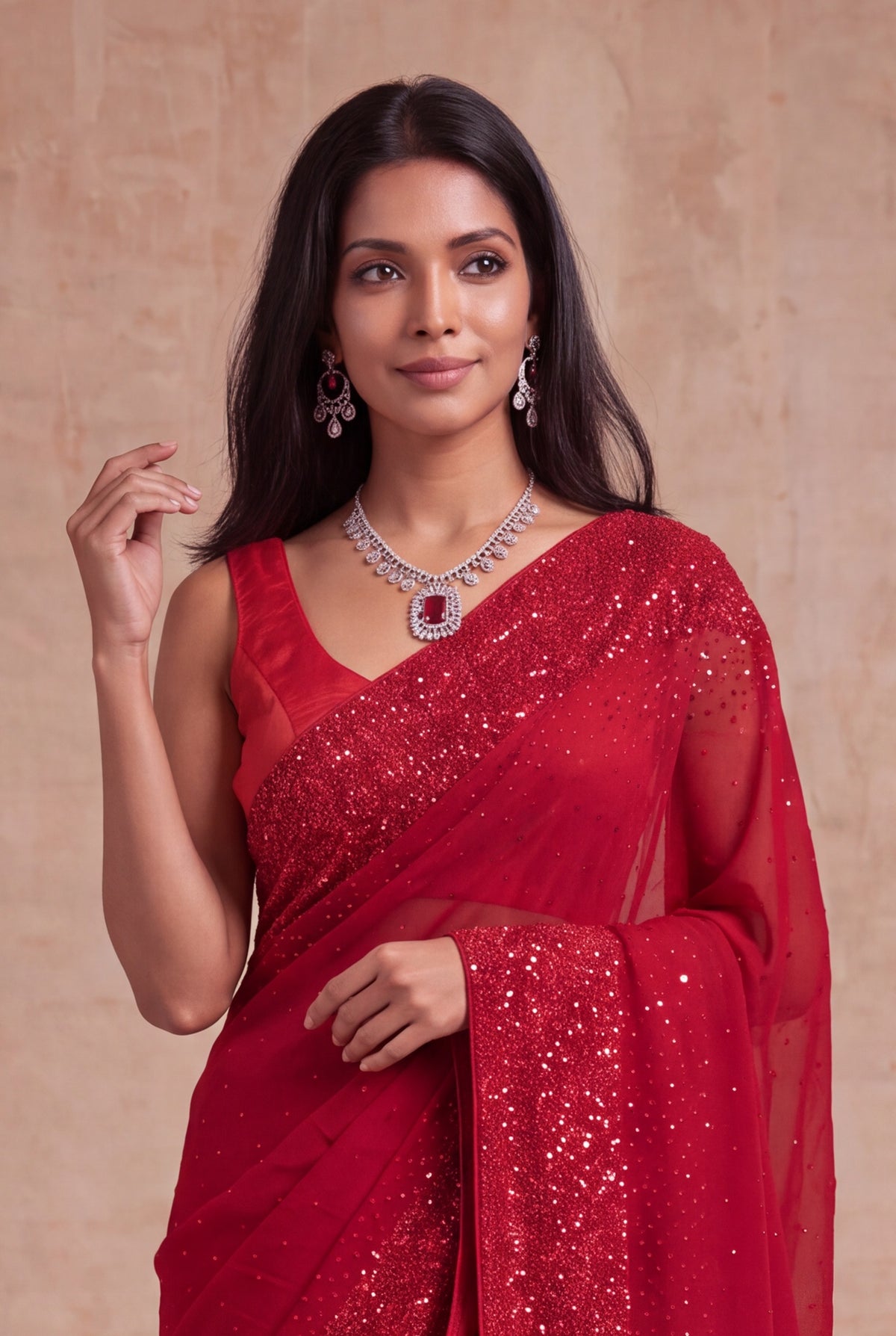 Red Crepe Saree with Sequin Work Border