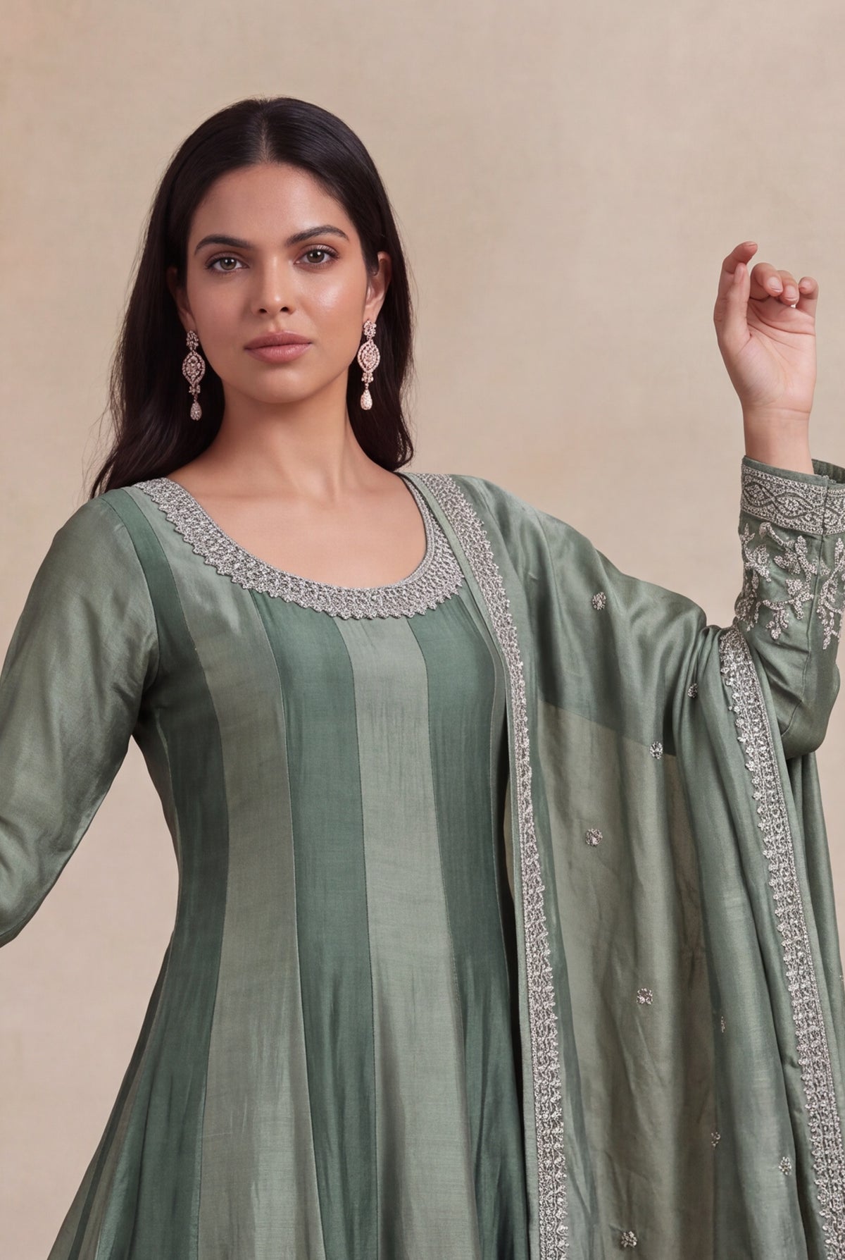 Sage Green Raw Silk Anarkali Set