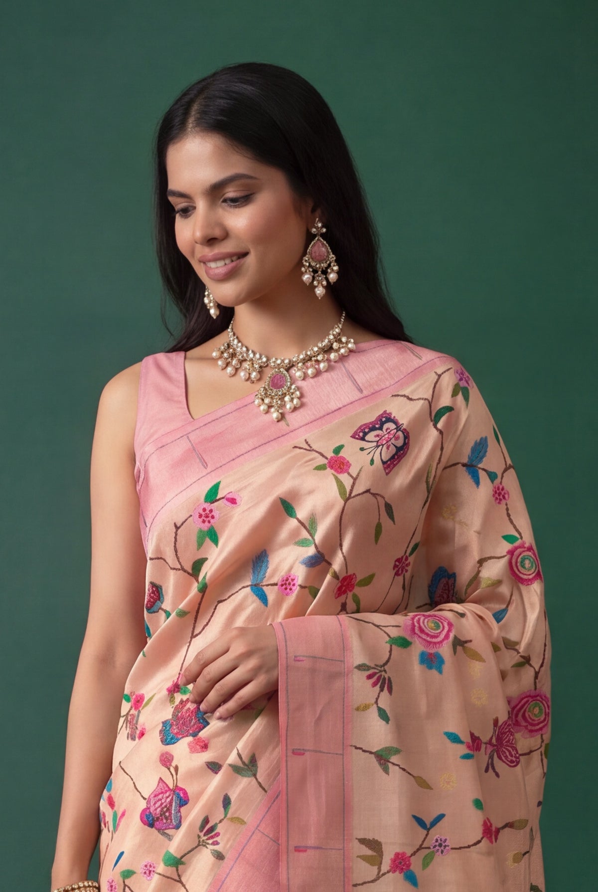 Peach Tissue Paithani Saree with Convent Embroidery and Contrast Pink Border