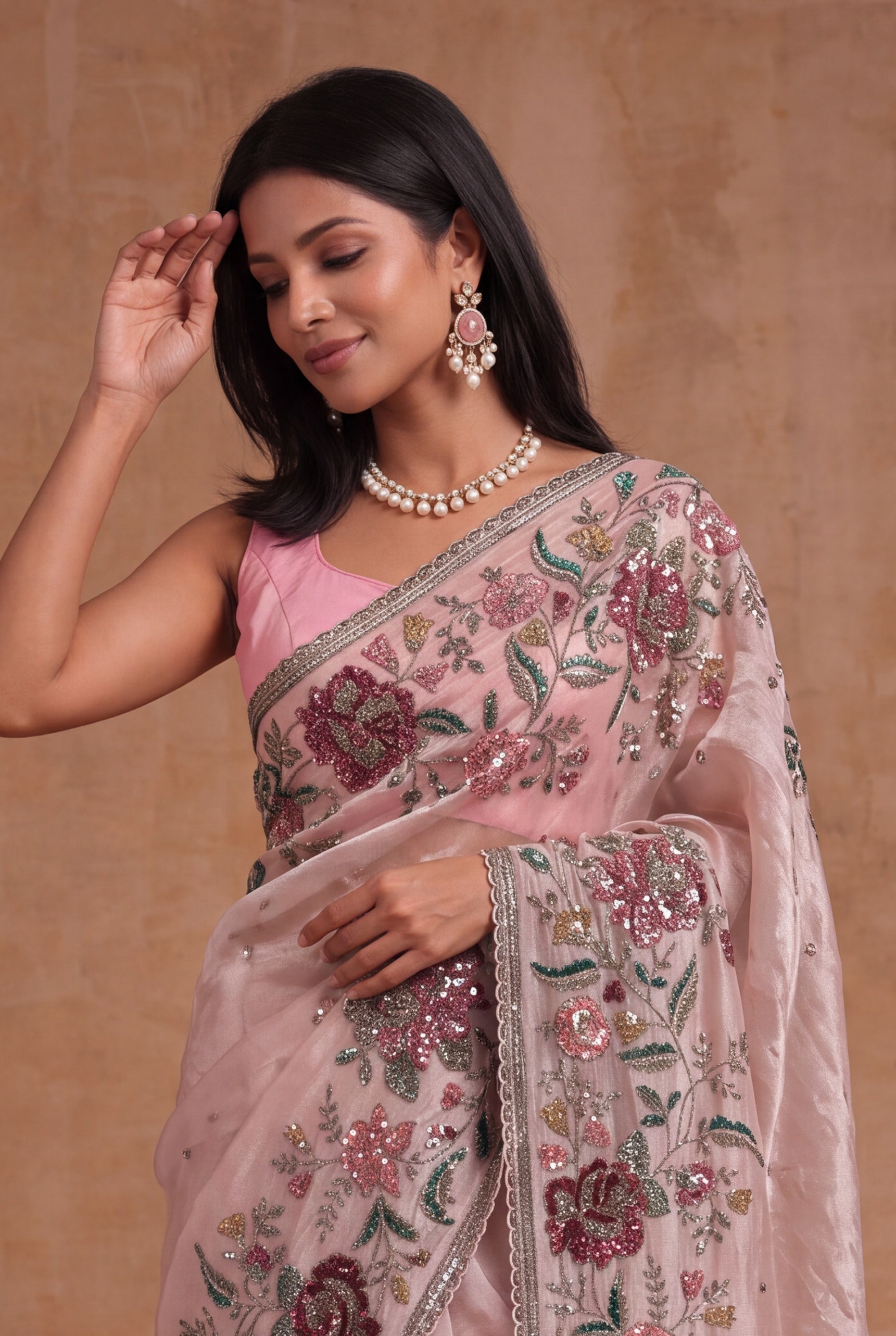 Blush Pink Tissue Organza Floral Sequin Saree