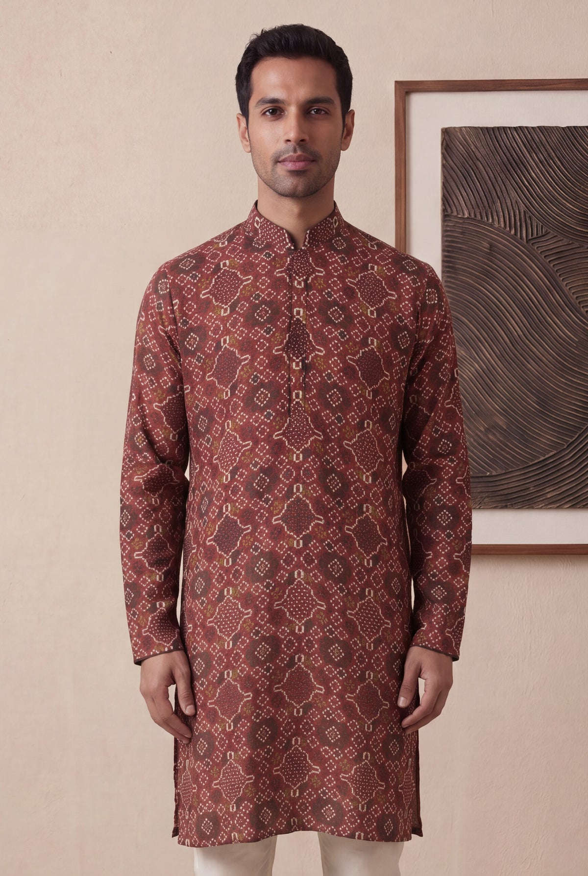 Maroon Chanderi Silk Bandhani Kurta Pant Set