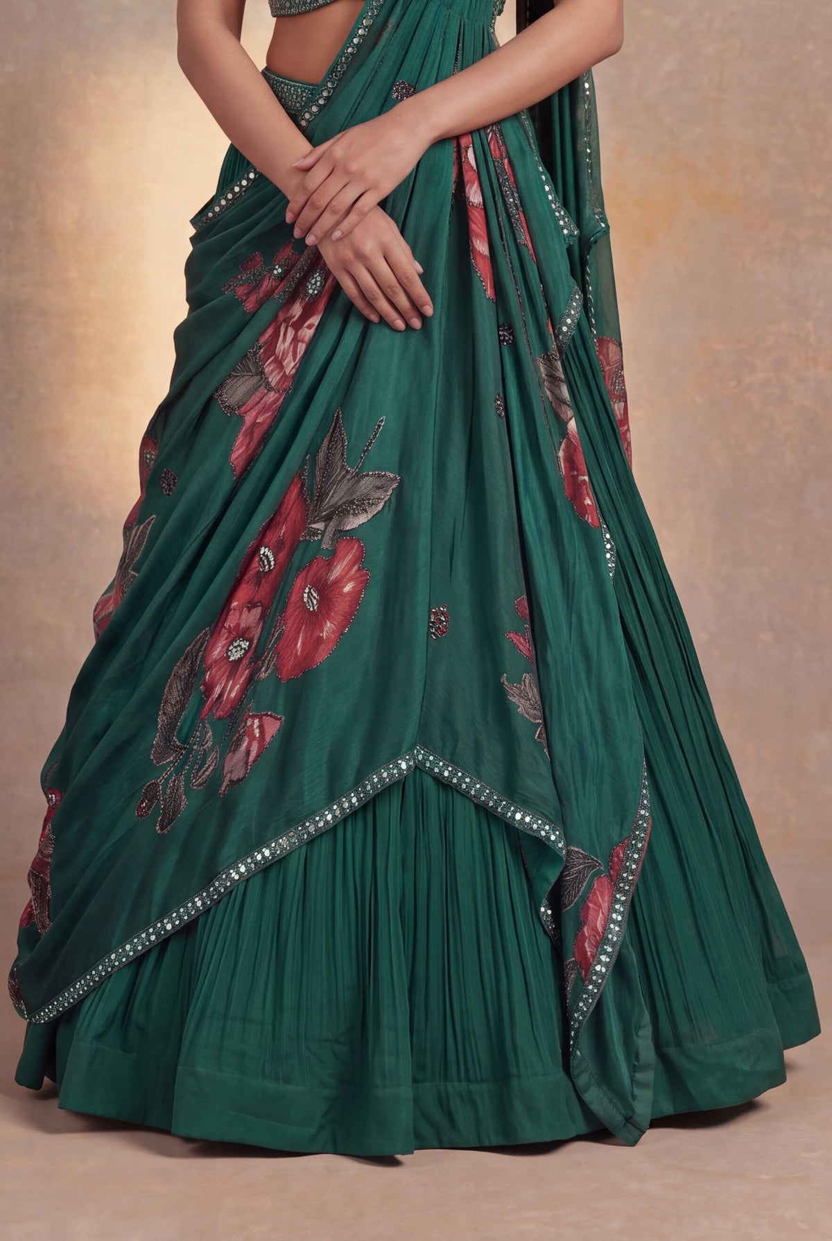 Bottle Green Georgette Draped Lehenga