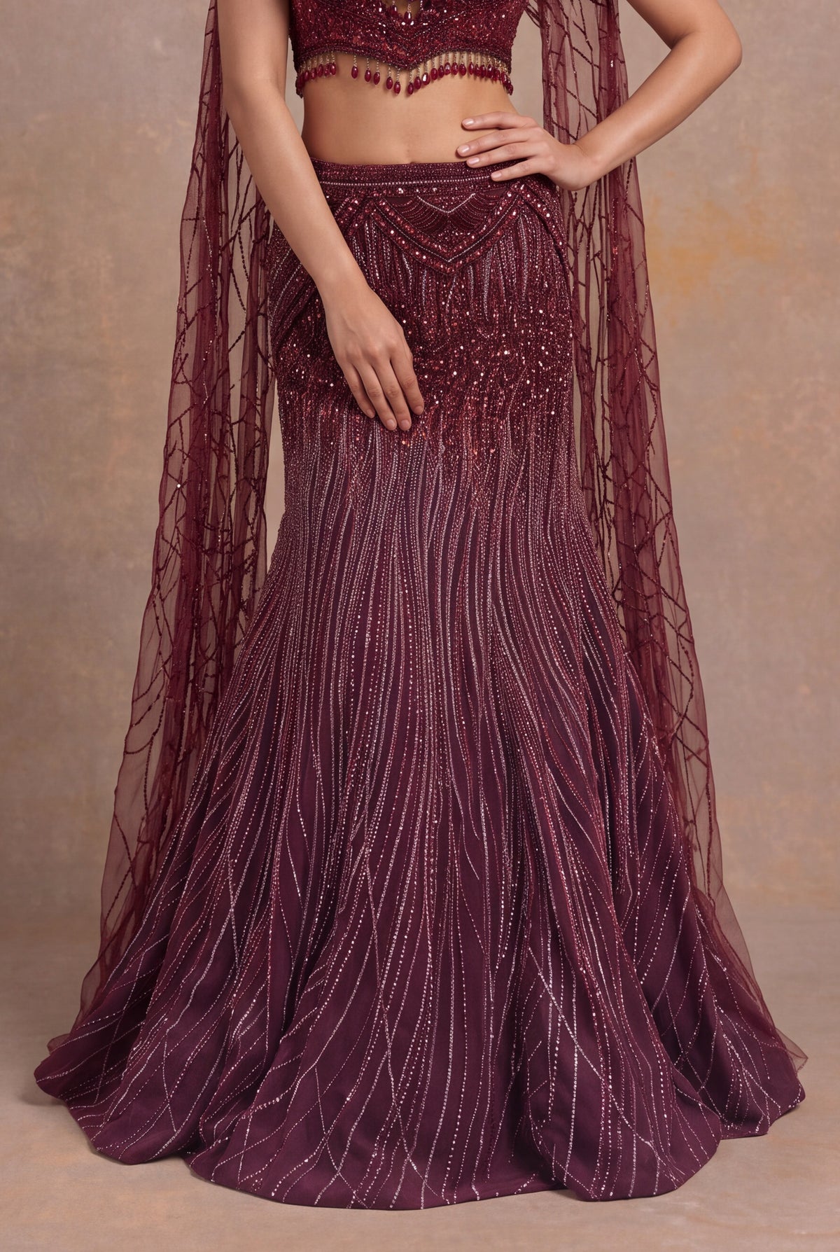 Maroon Net Lehenga with Sequin, Cutdana and Bead Embroidery
