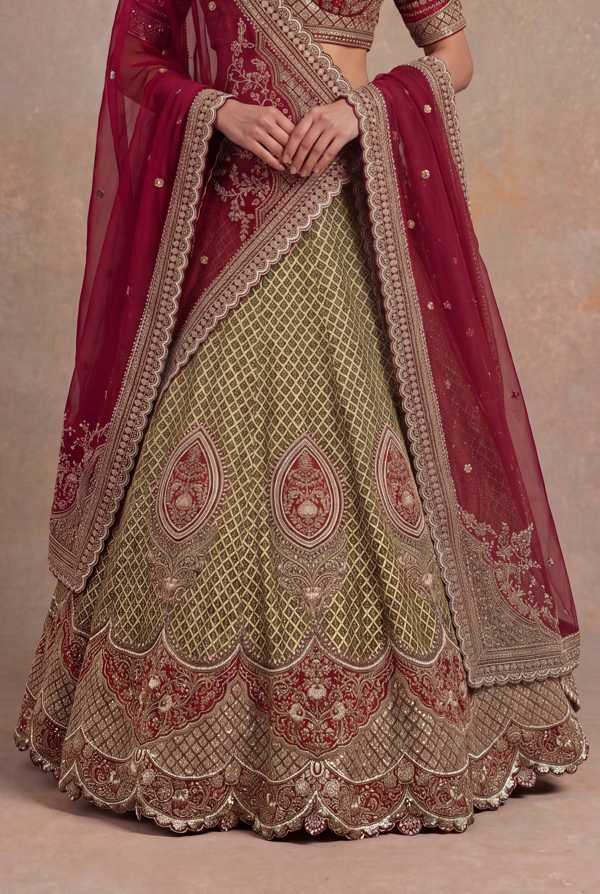 Olive Green Printed Silk Lehenga Set with Zardozi and Cutdana Work
