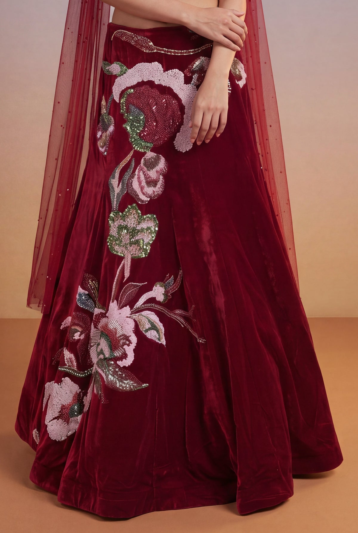 Cherry Red Velvet Lehenga Set with Cutdana and Pearl Embroidery