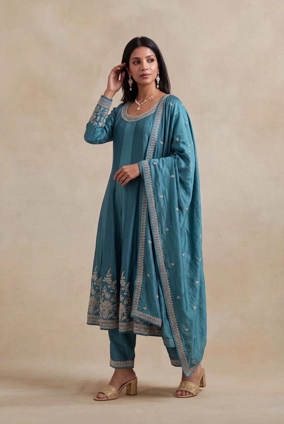 Teal Blue Raw Silk Anarkali Set