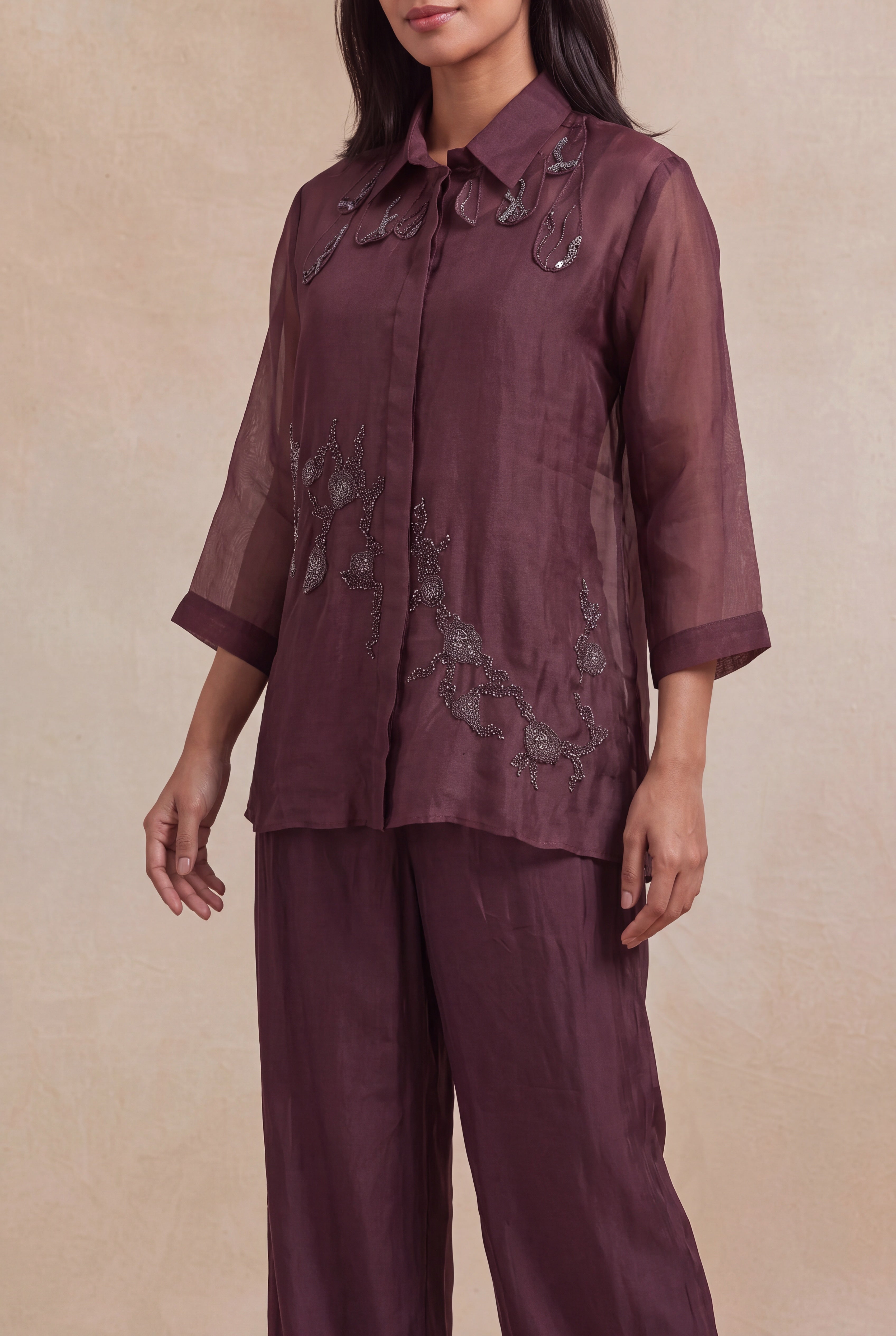 Wine Organza Embellished Co-ord Set