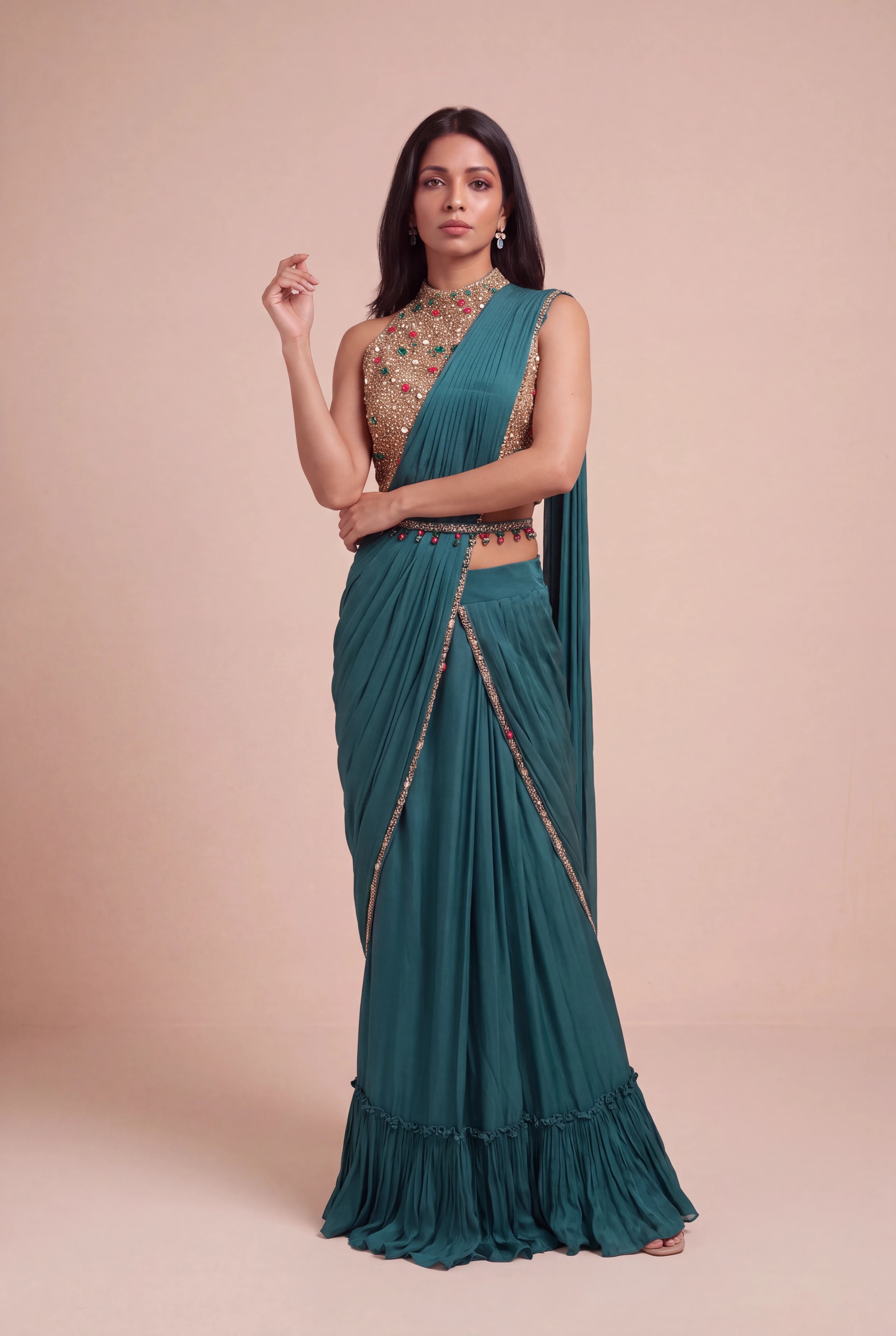 Emerald Green Draped Saree with Jewel-Embroidered Halter Blouse