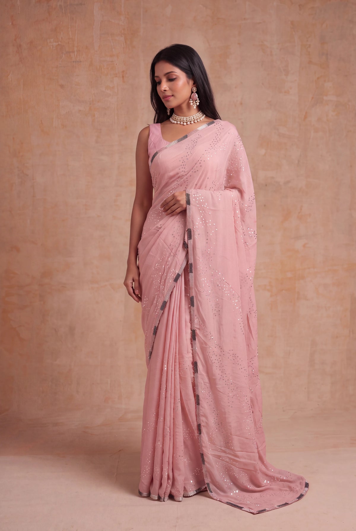 Pink Crush Crepe Saree with Sequin Work