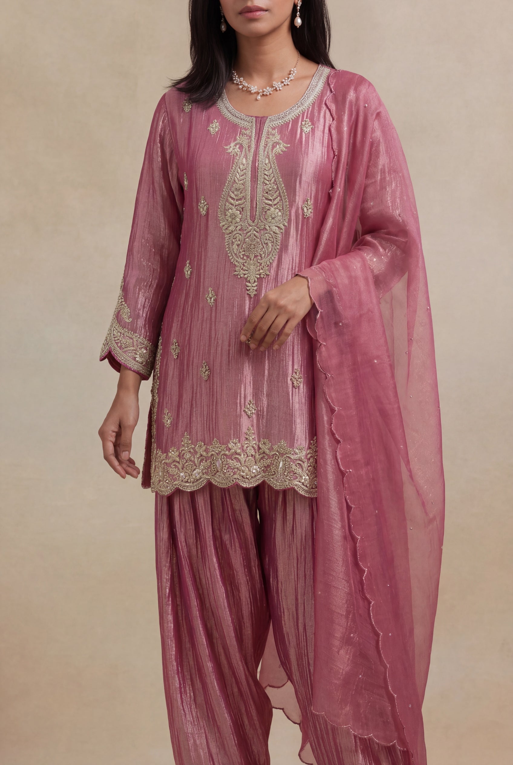 Rose Pink Tissue Salwar Set with Zardosi Work