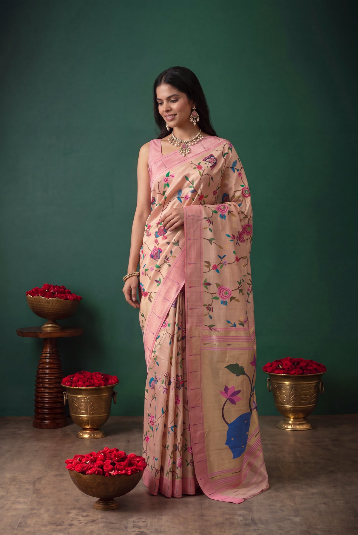 Peach Tissue Paithani Saree with Convent Embroidery and Contrast Pink Border