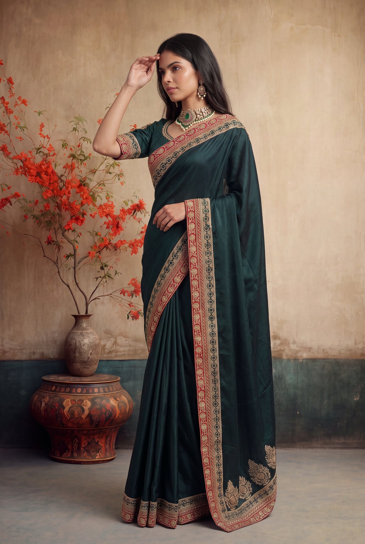 Bottle Green Satin Silk Saree
