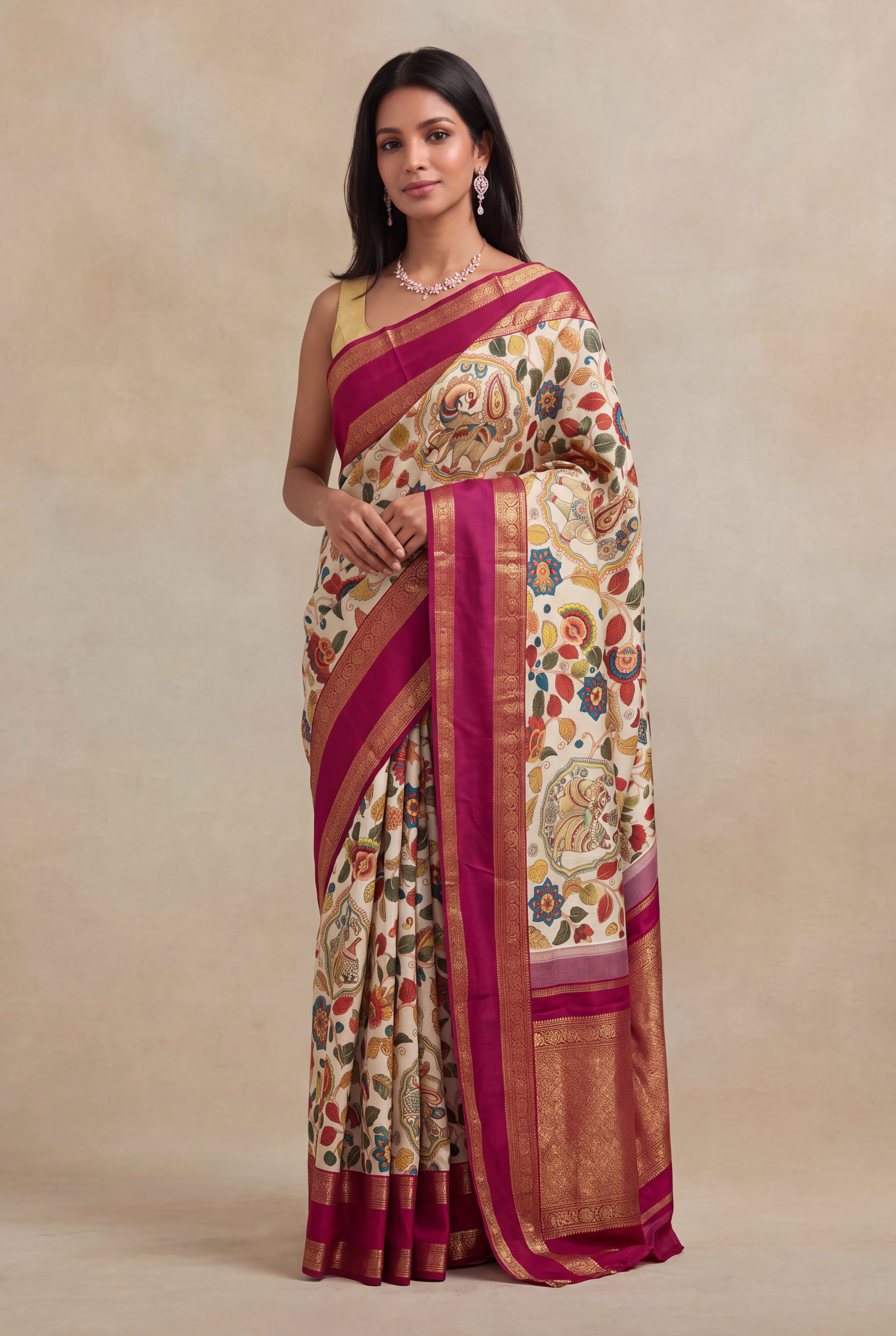 Beige Kalamkari Print Kanchivaram Silk Saree