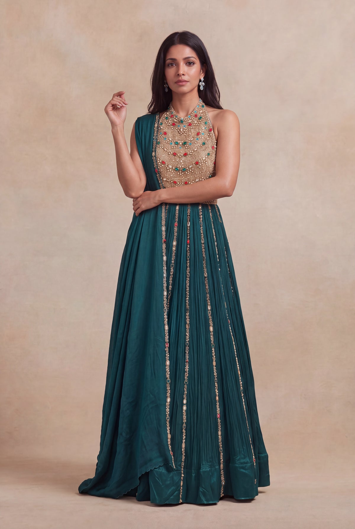 Teal Green Halter Gown with Multi-Stone Zari Embroidery