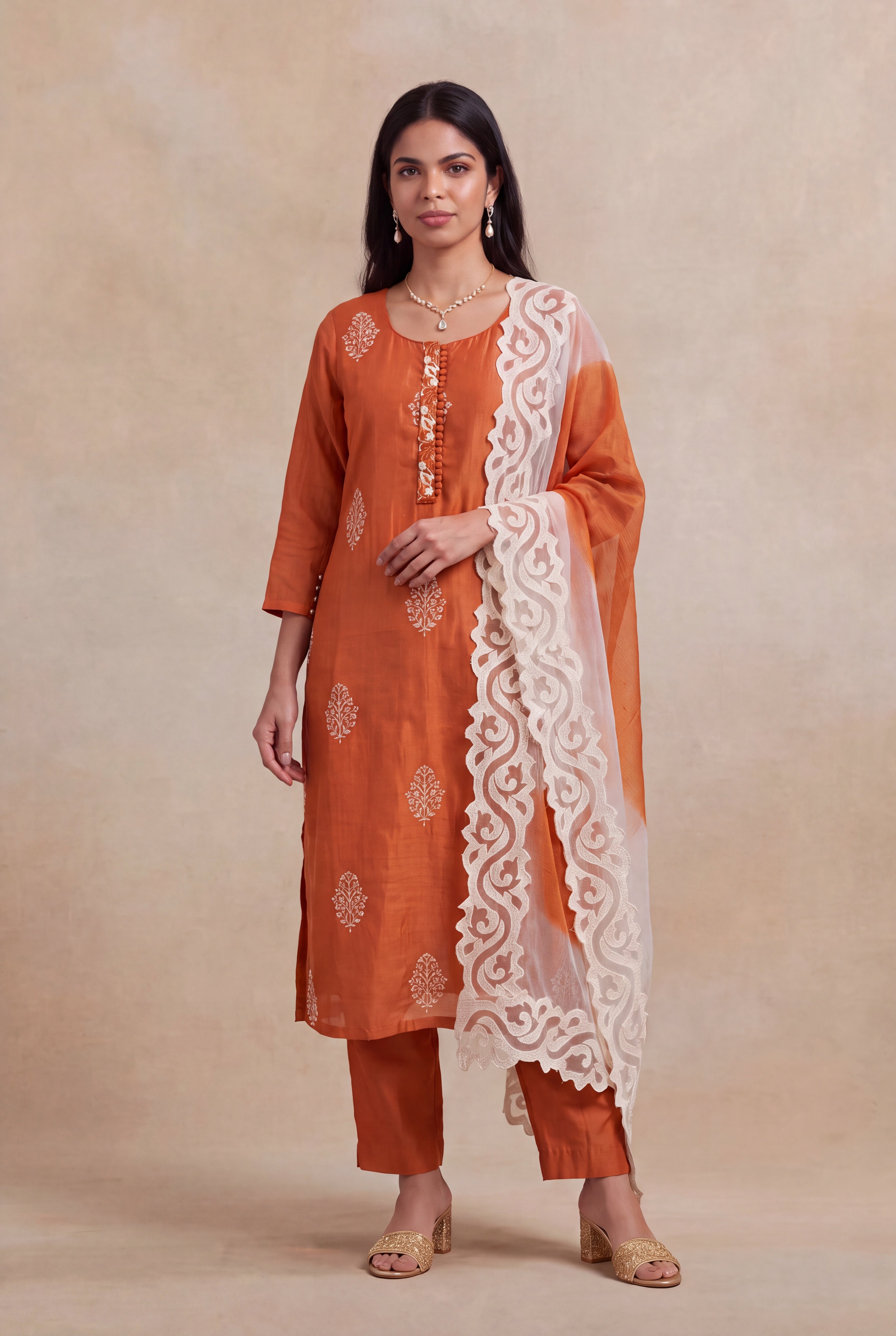 Rust Orange Mul Cotton Straight-Cut Salwar Set