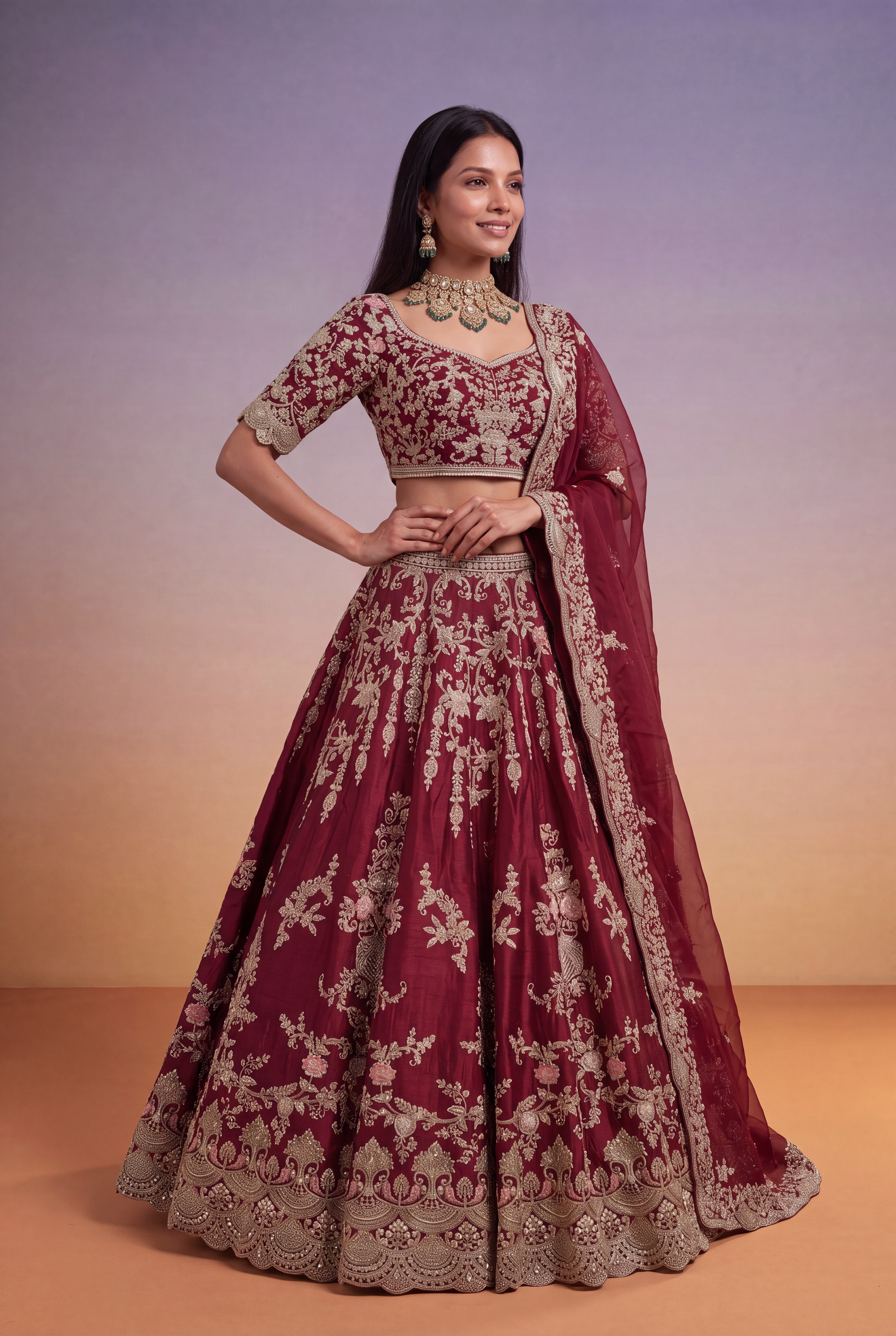 Wine Raw Silk Bridal Lehenga