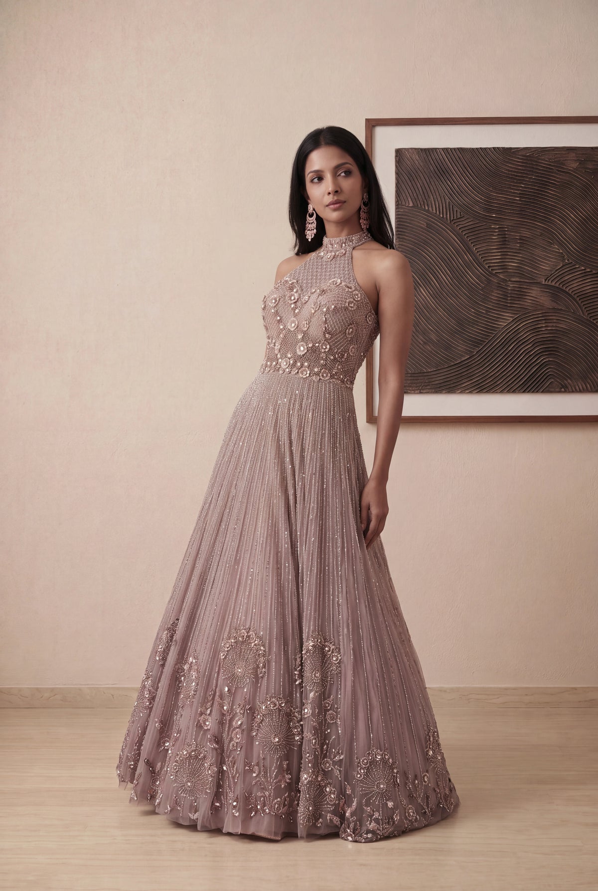 Baby Pink Embellished Halter Neck Gown