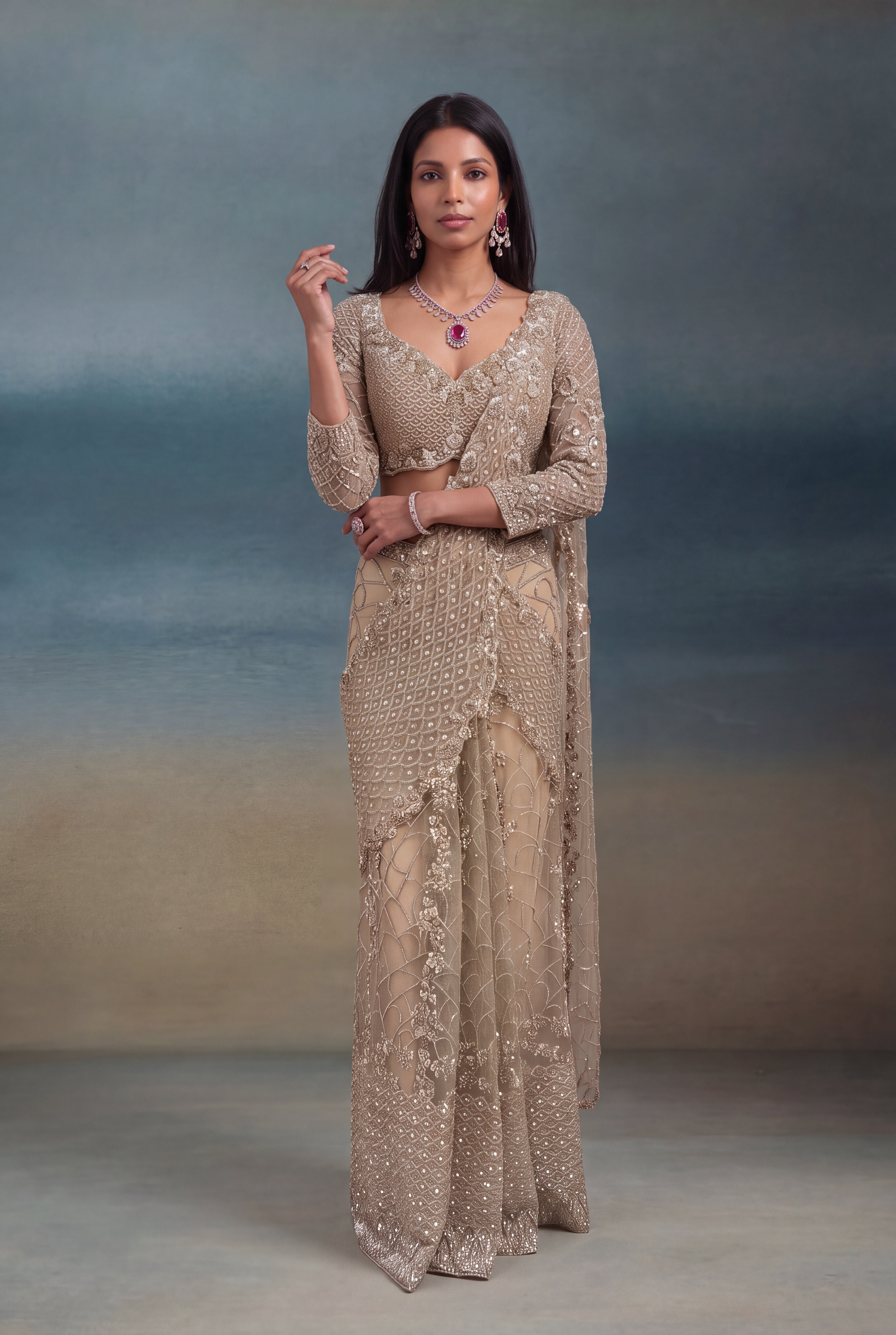 Gold Net Saree with Sequin & Kutdana Embroidery