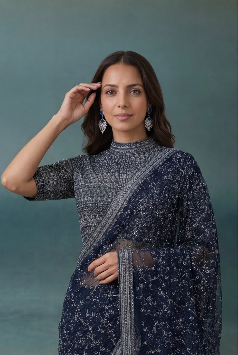 Navy Blue Net Saree
