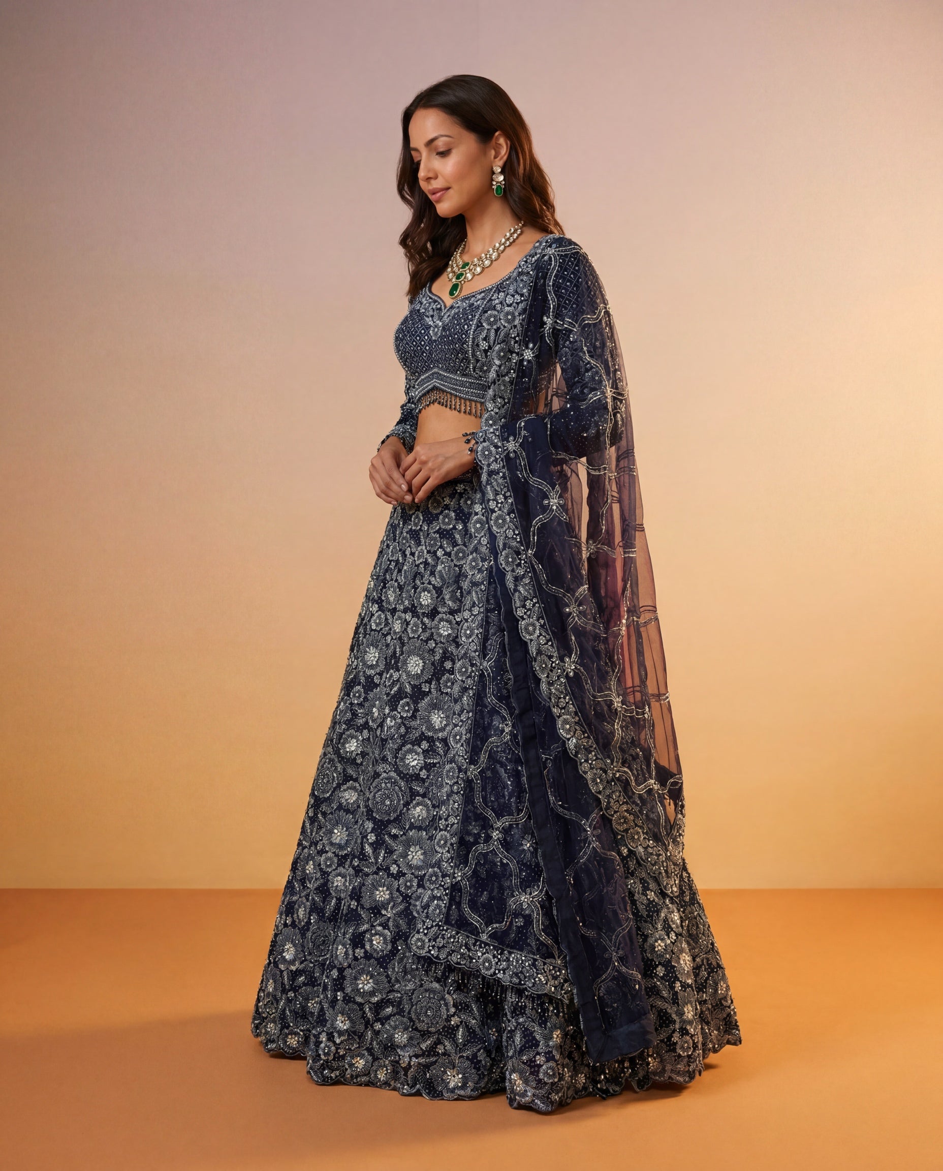 Navy Blue Net Lehenga