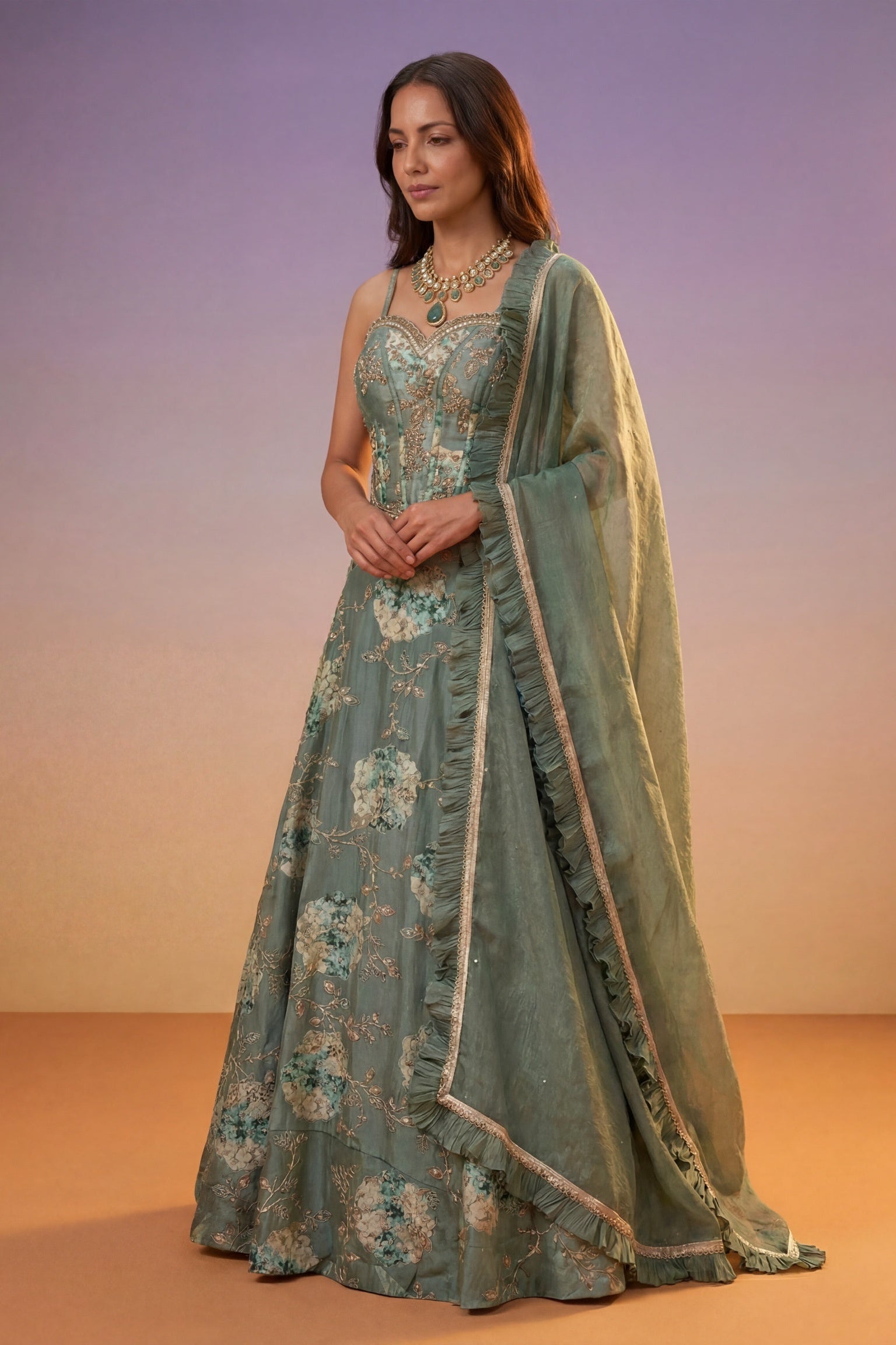 Sage Green Tissue Silk Corset Lehenga set