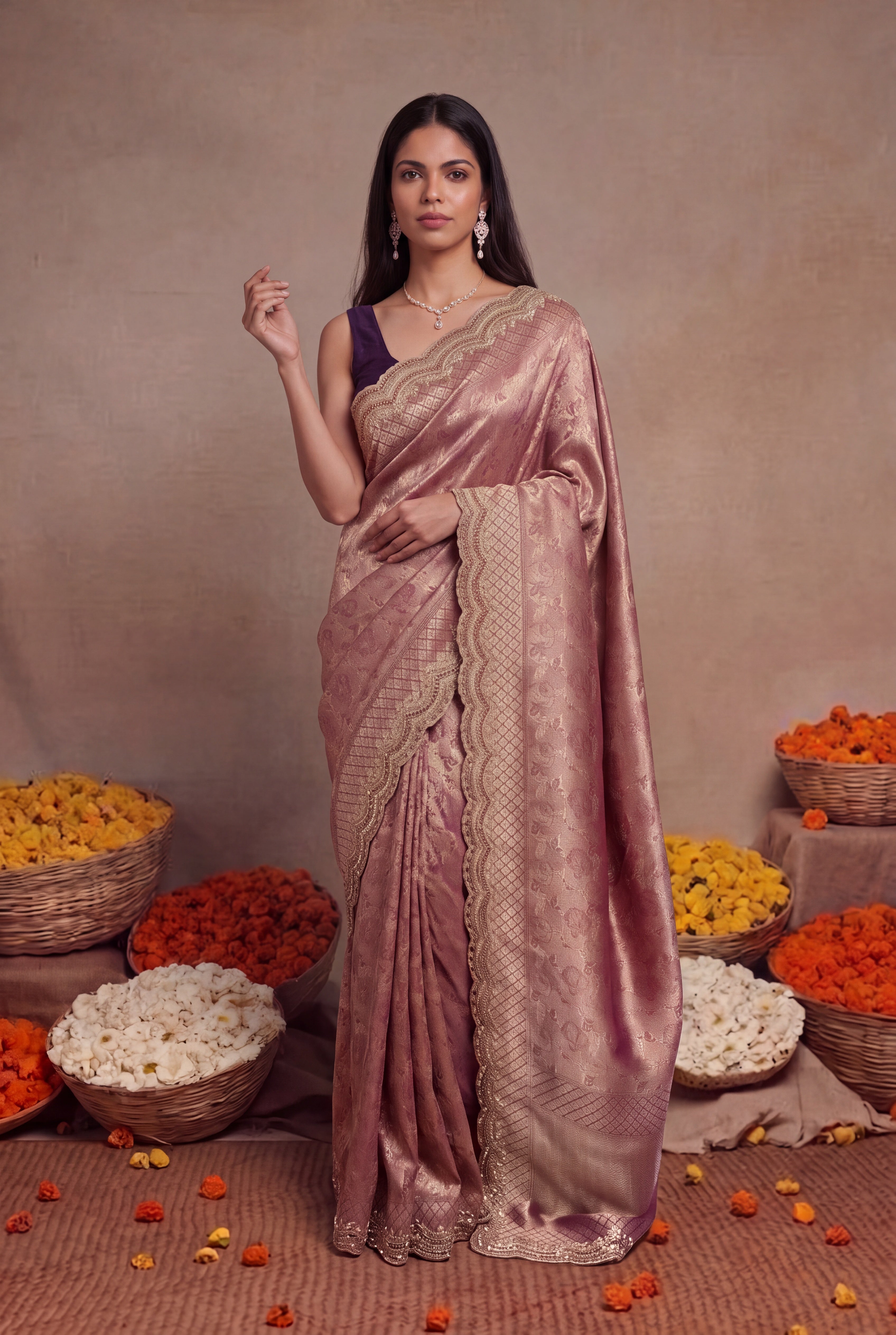 Wine Banarasi Silk Zardozi Saree