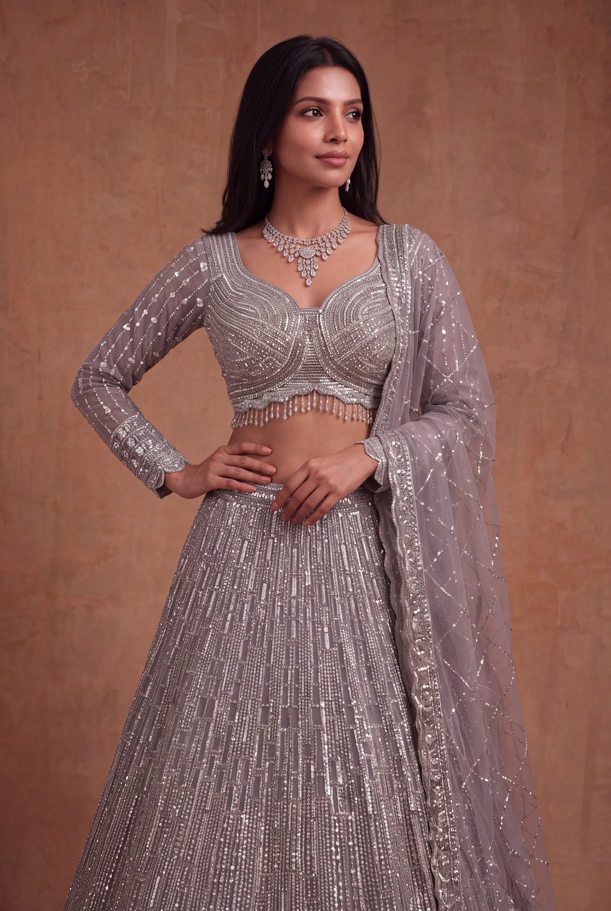 Silver Grey Net Lehenga