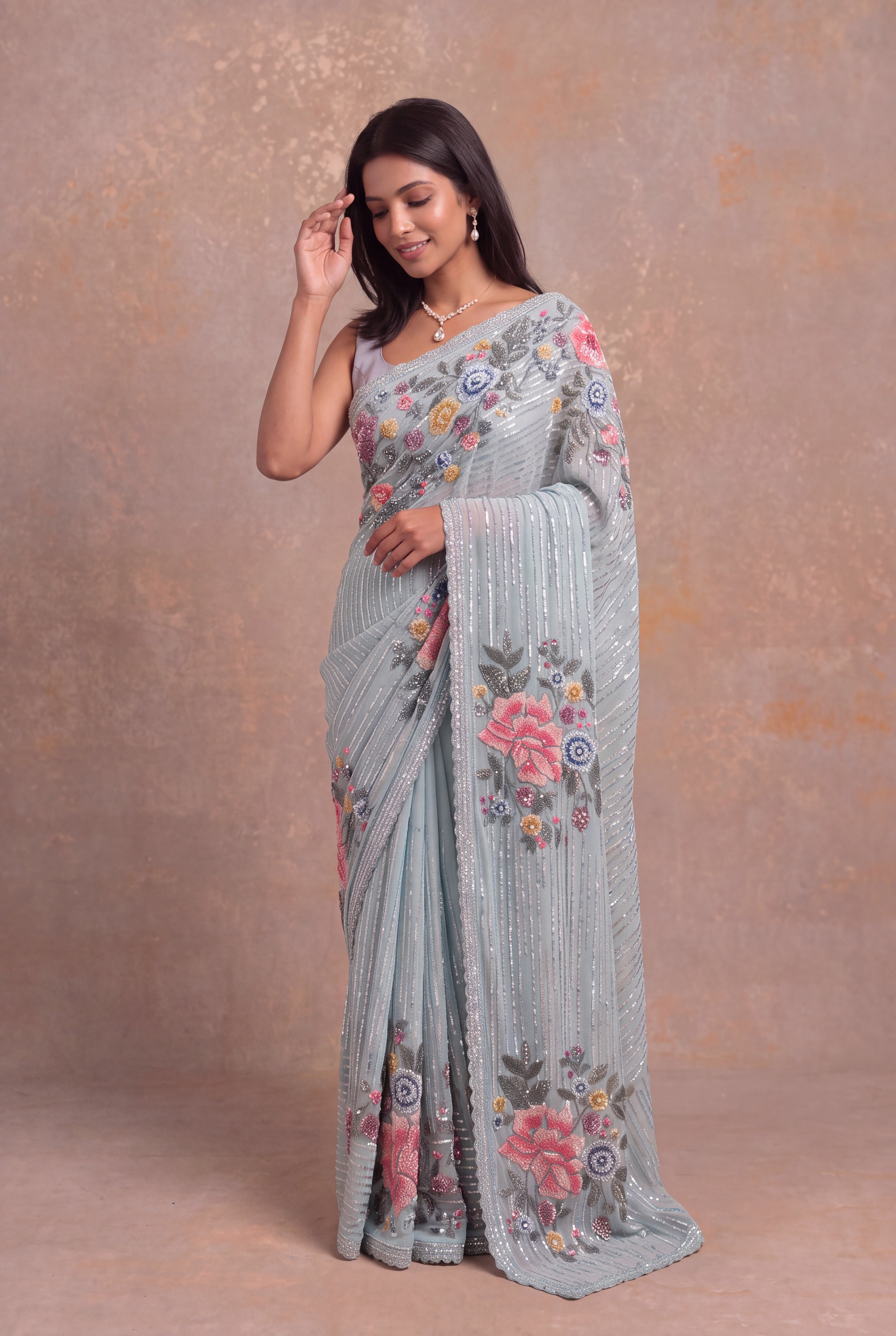 Powder Blue Georgette Saree