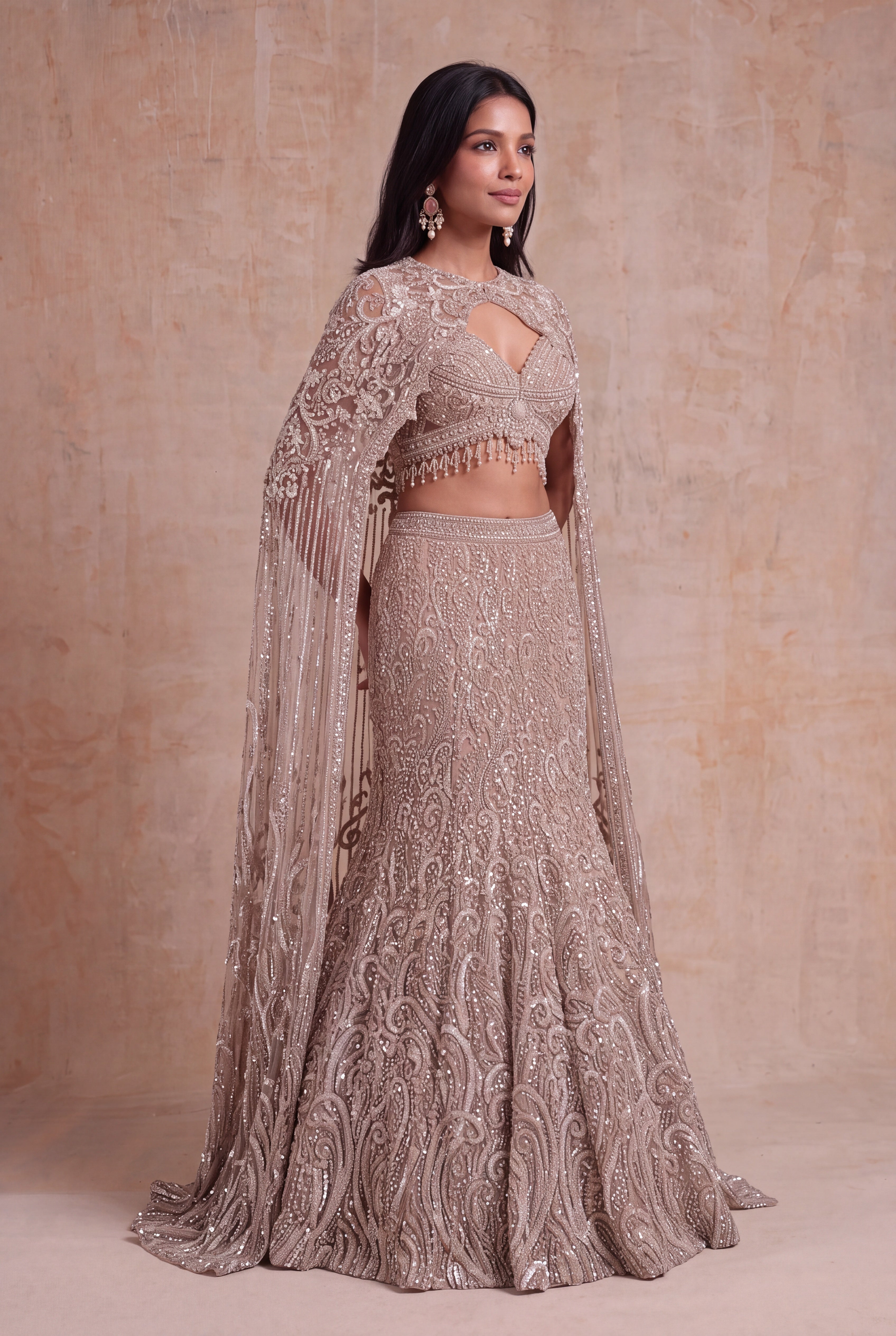 Taupe Net Fish-Cut Lehenga