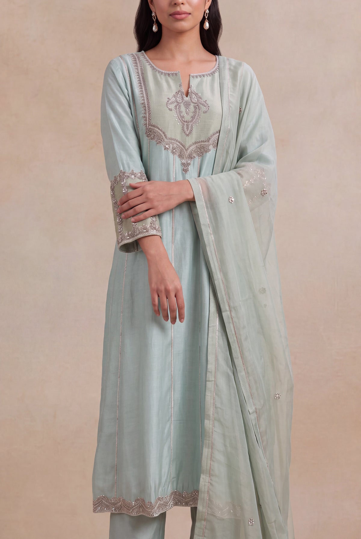 Mint Green Raw Silk A-Line Suit with Zardosi Work - Mokshaa