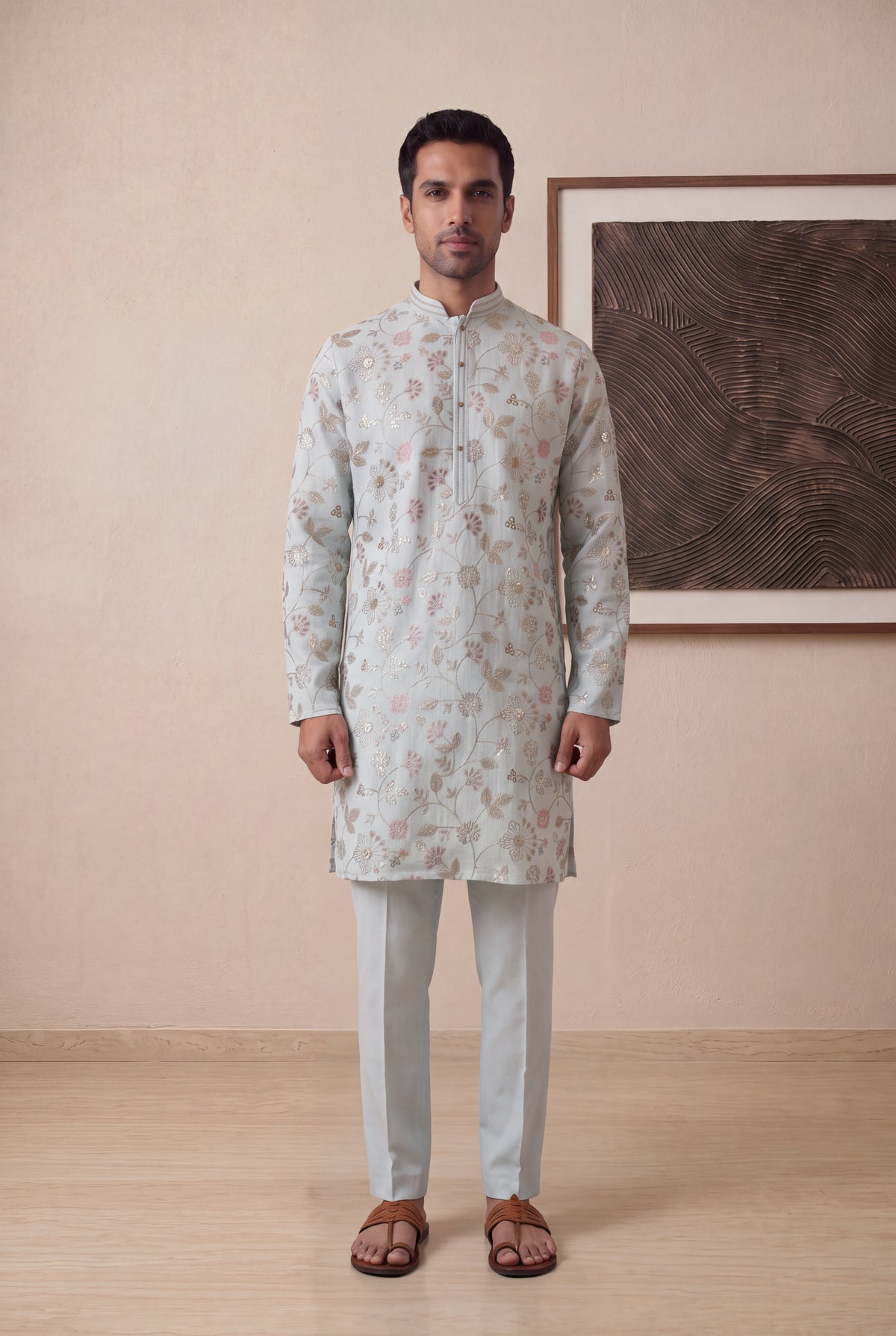 Ice Blue Linen Kurta Set