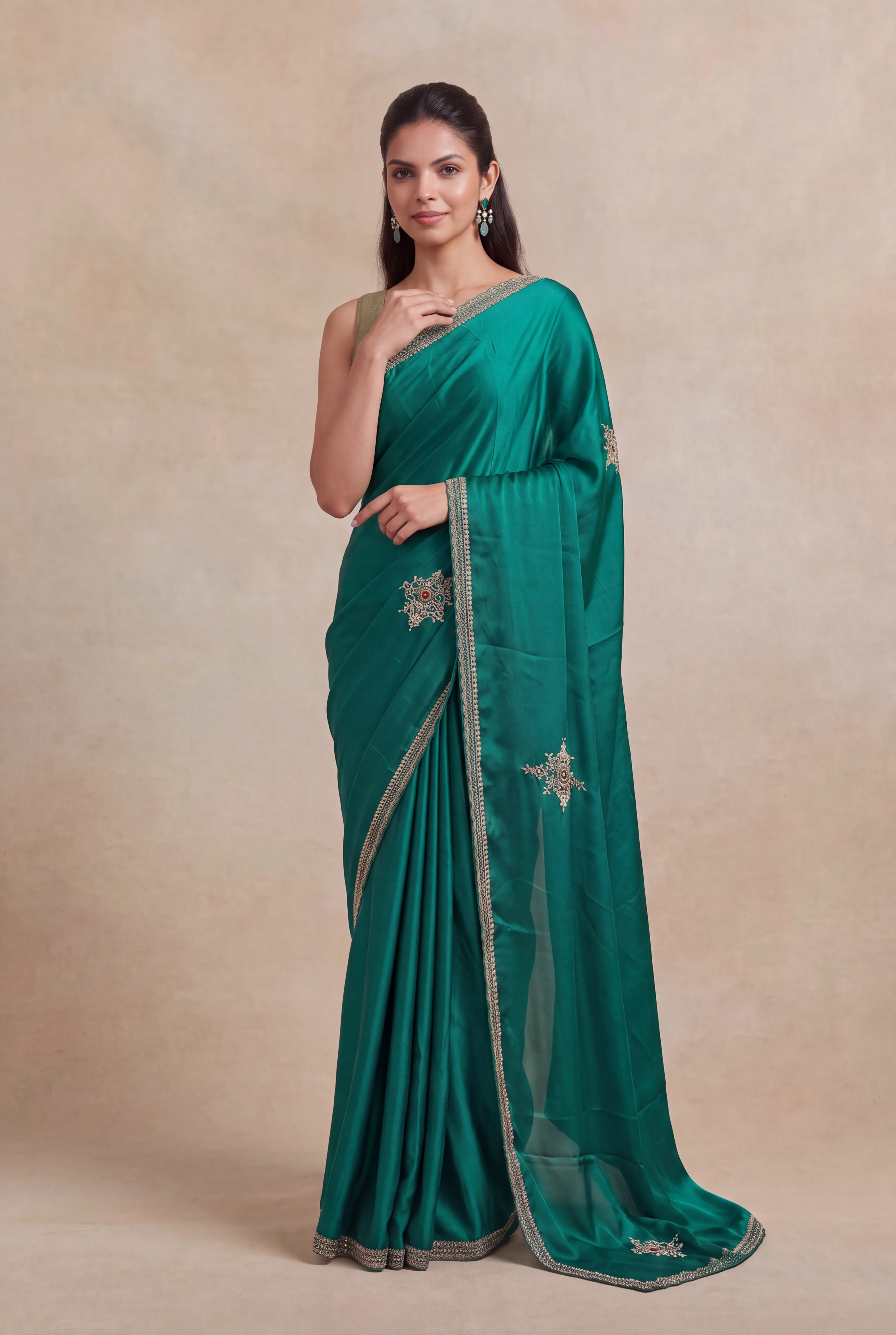 Emerald Green Satin Zardozi Butta Saree