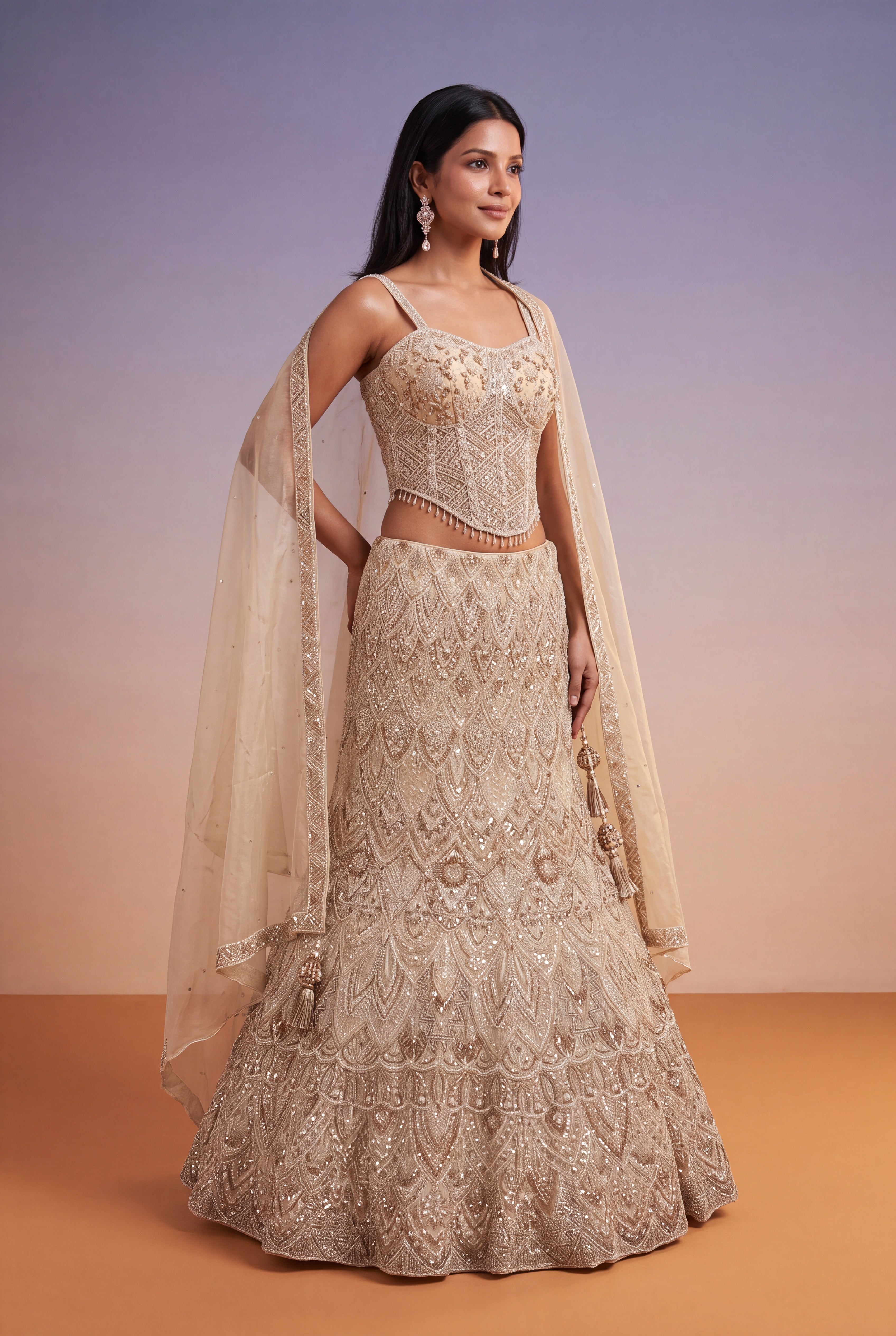 Champagne Net Lehenga with Corset Blouse and Sequin-Kutdana Embroidery