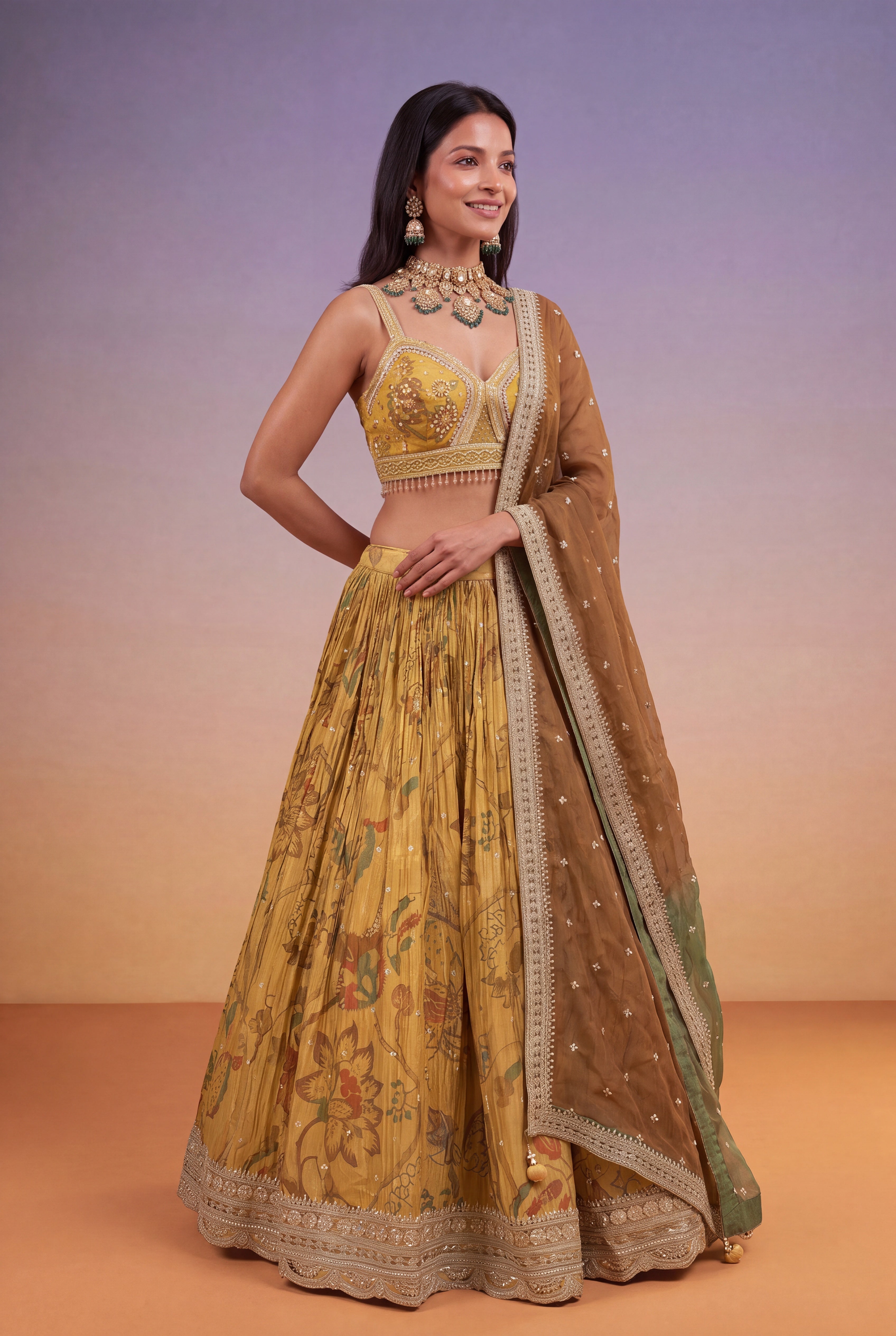 Mustard Gold Tissue Lehenga with Printed Florals & Zari Work